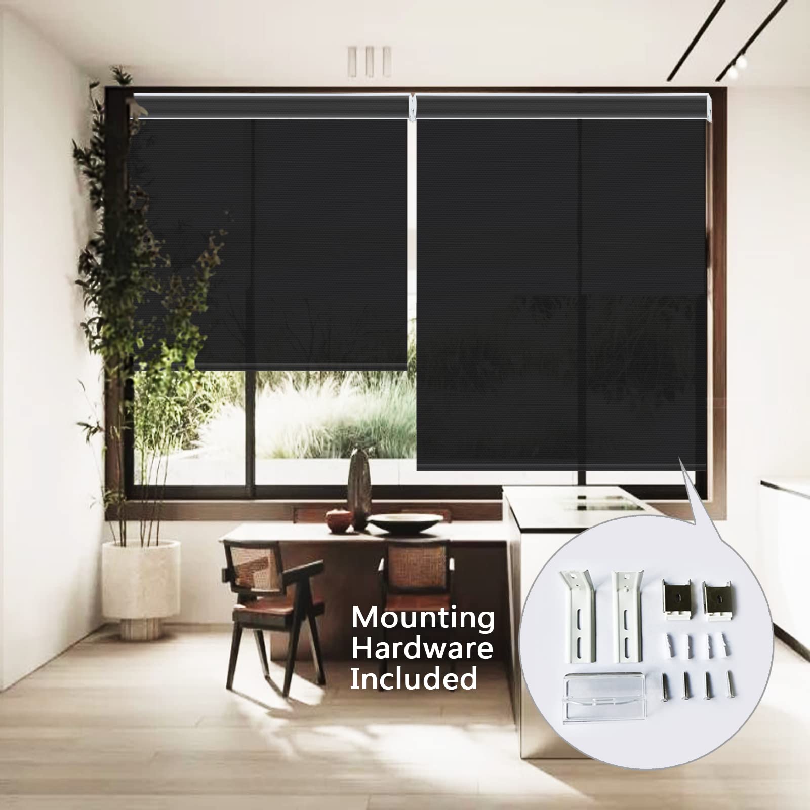 ZY Blinds Cordless Blackout Window Shades, Black Roller Shades with Metal Valance, UV Protection Enegry Saving Room Darkening Fabric Window Blinds for Windows, Doors, French Door, 20