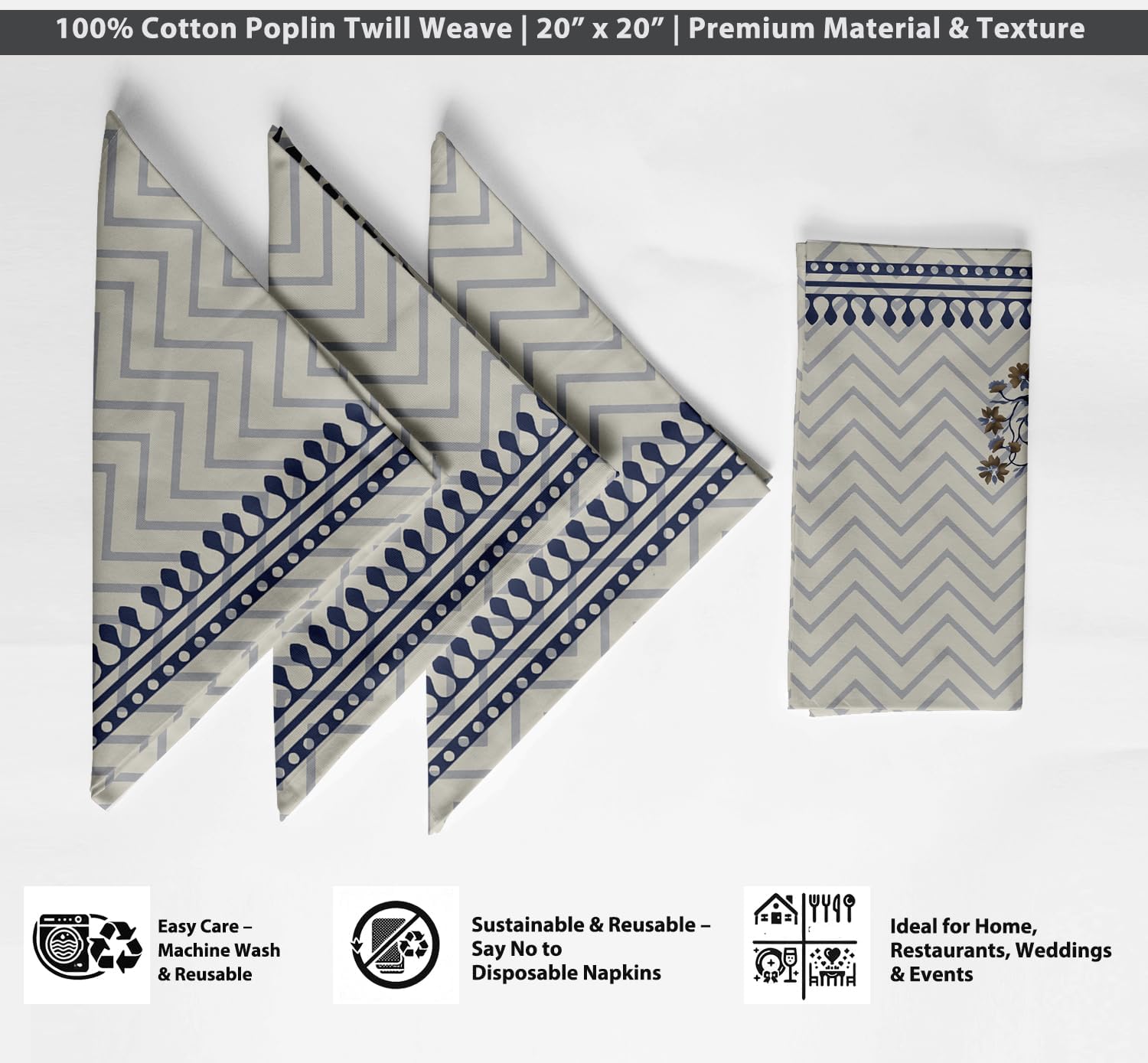 Designer Cotton Twill Napkins - Set of 12, 20-Inch, Geometric Pattern, Durable & Absorbent Cloth Napkins for Dining, Parties, and Home Decor - Machine Washable