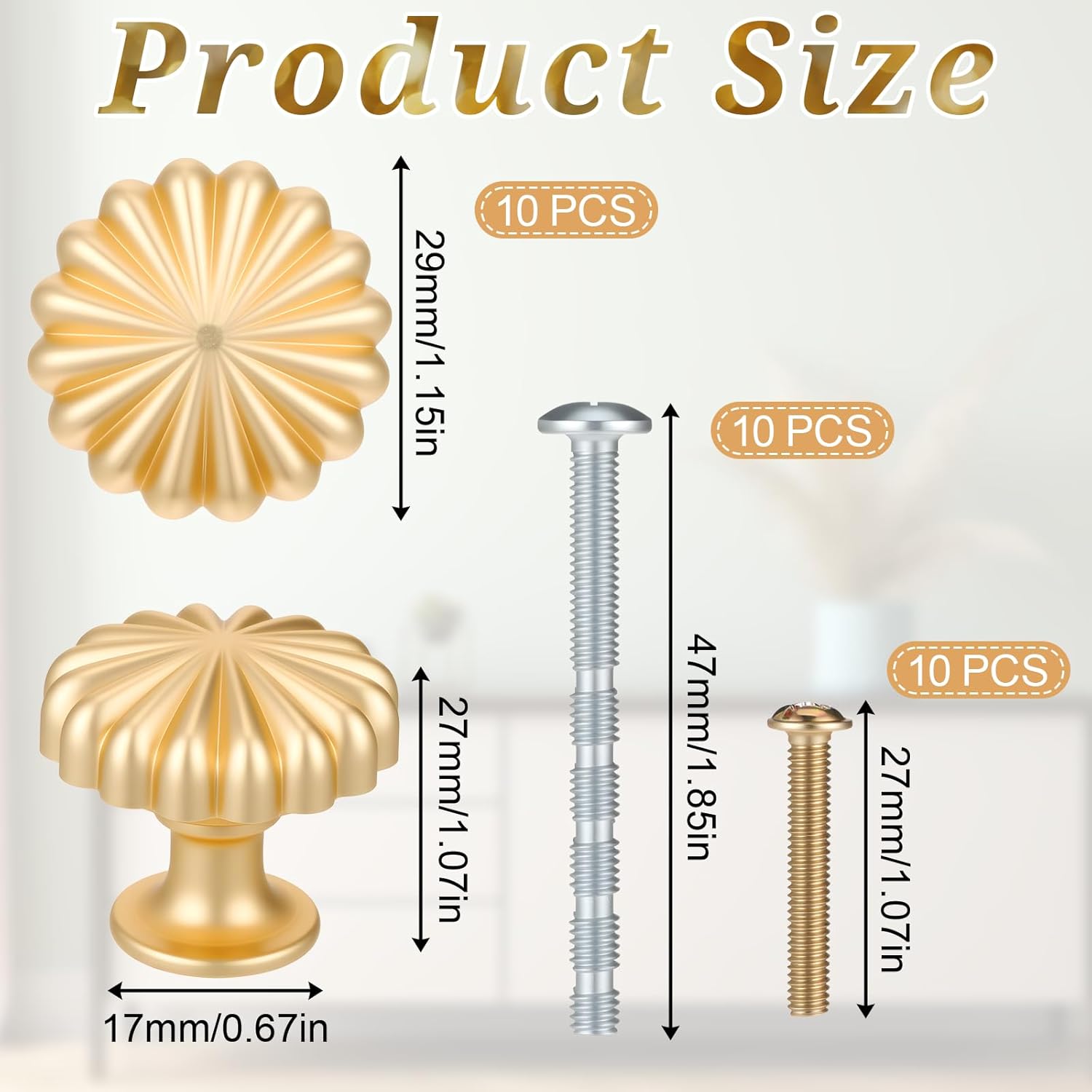 10 Packs Gold Cabinet Knobs Dresser Knobs Zinc Alloy Drawer Knob Hardware Handles Round Drawer Pulls for Dresser Desk Cupboard Cabinets