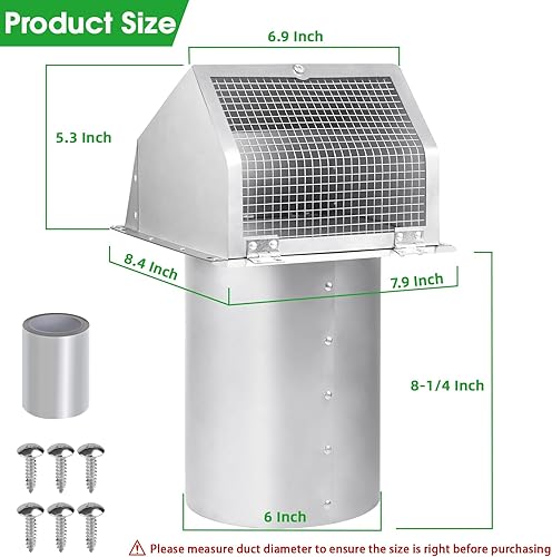Miniatura 2 de Cubierta de ventilación de pared de 6 pulgadas, campana de ventilación de pared exterior con pantalla y amortiguador, cubierta de ventilación para