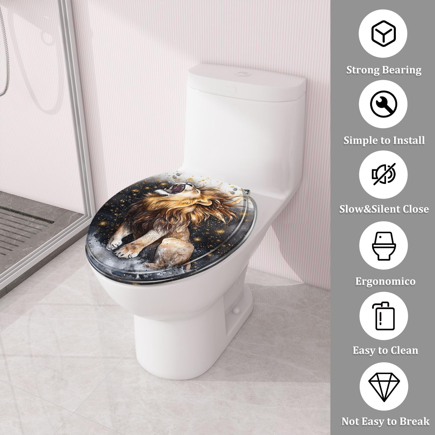 Asiento de inodoro redondo con bisagras de liberación rápida para baño.