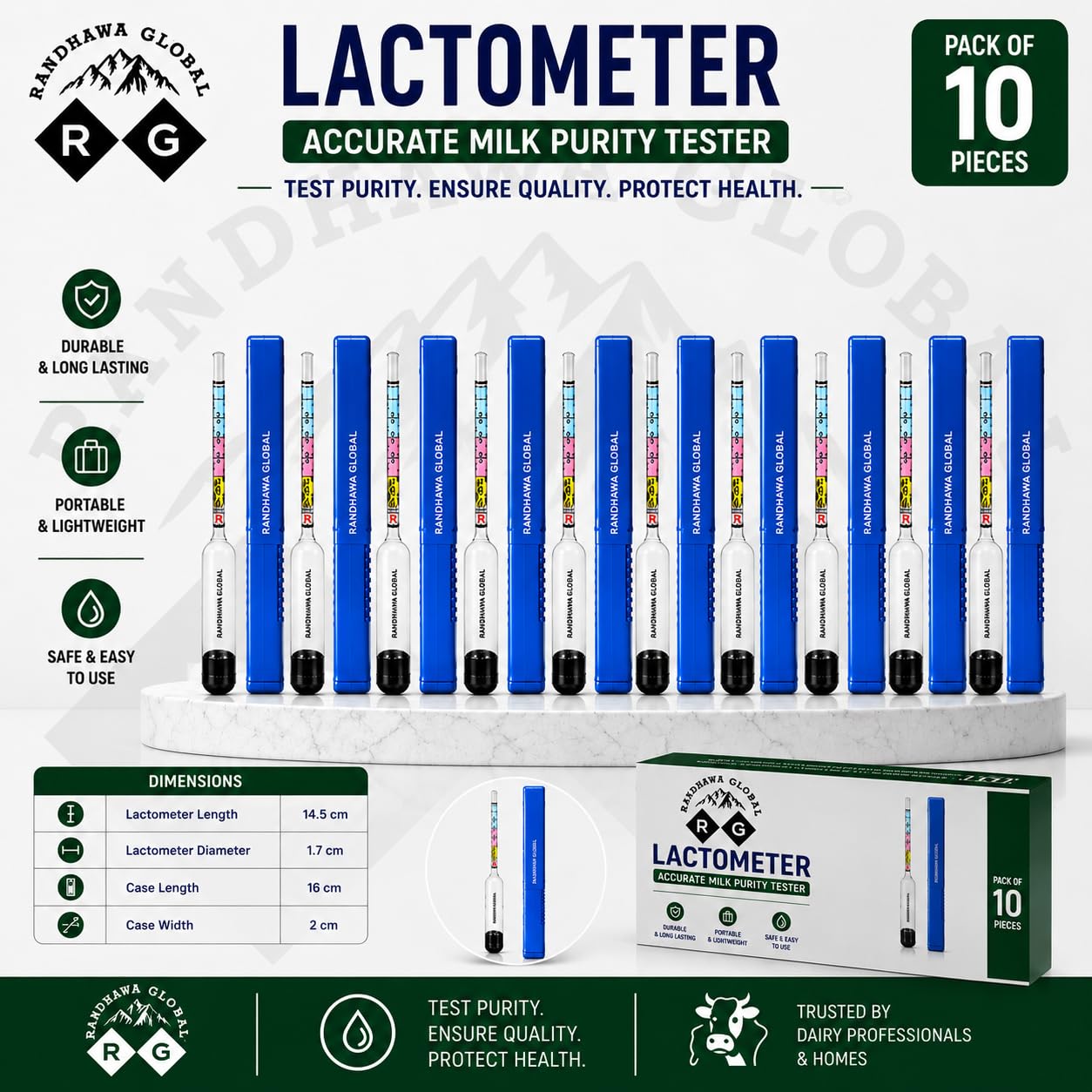 RG Pack of 10 Lactometers with Storage Cases || Check Milk Purity within A Minute.