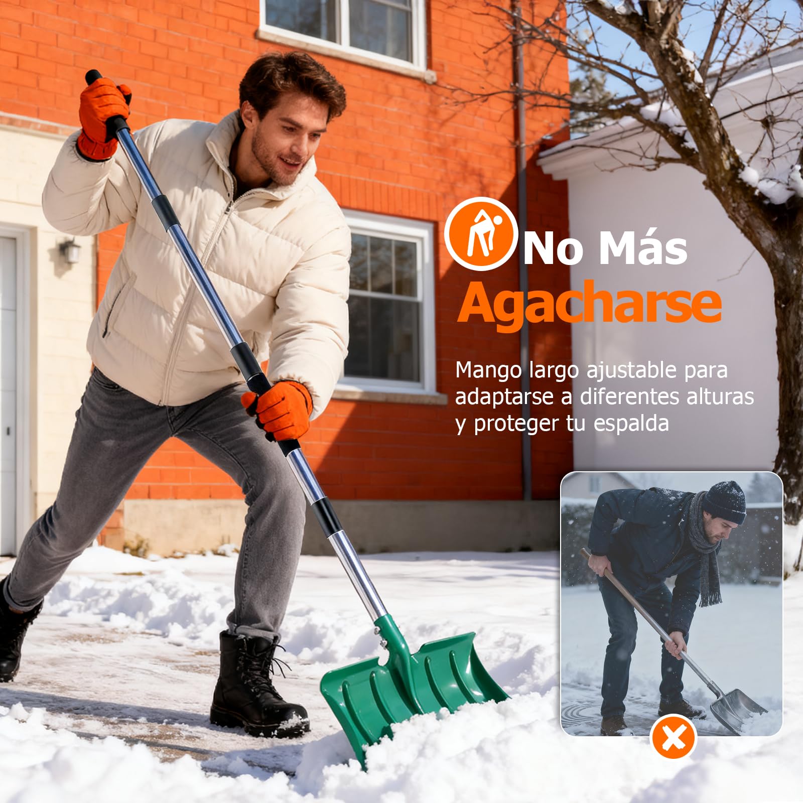 Palas de nieve con mango largo de 163 cm, pala de metal de alta resistencia con pala ancha de 41 cm, mango largo ergonómico y espuma antiescarcha para quitar la nieve de entrada, coche, mantillo