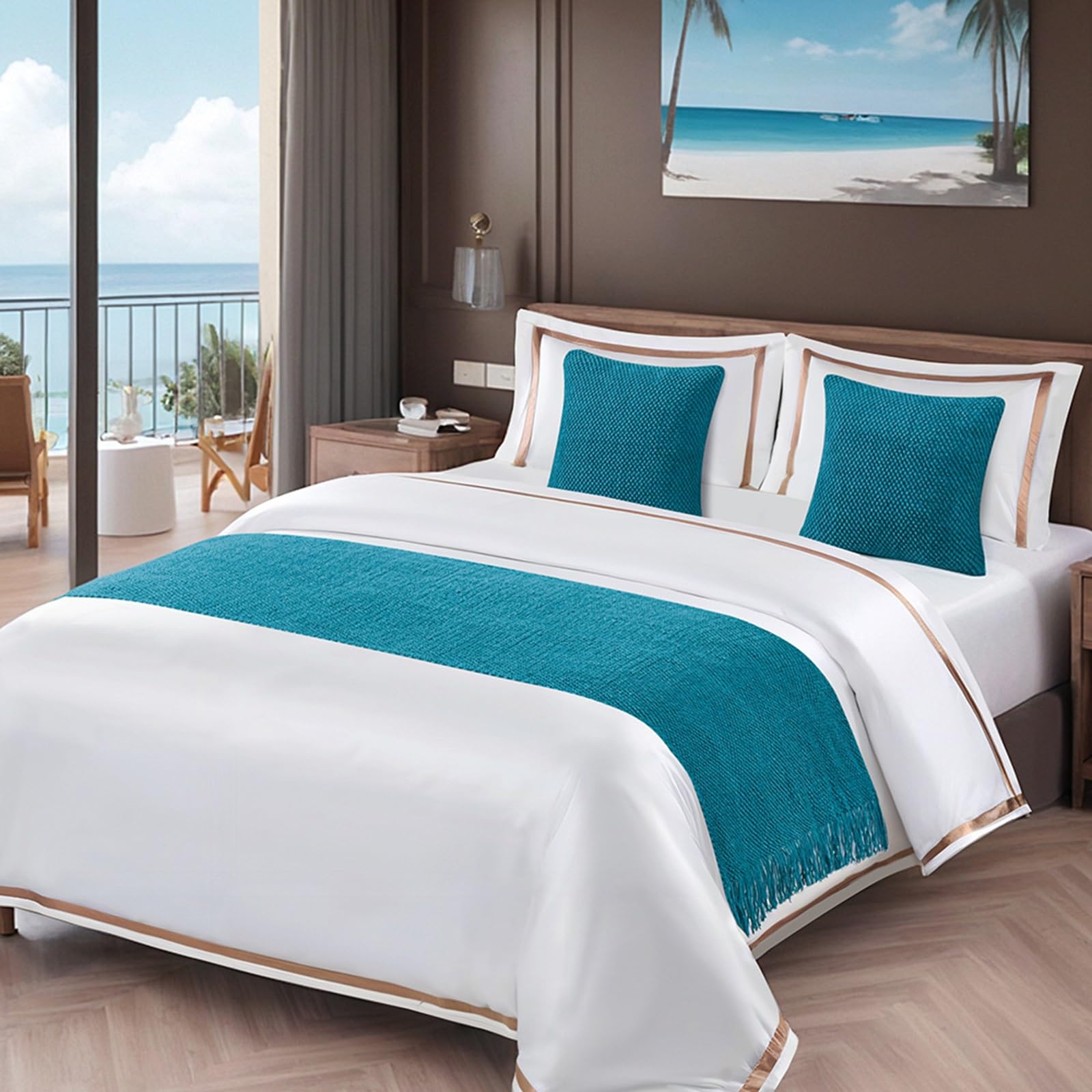 Bed Runners Double Bed Towel With Tassels, Soft Bed Scarves Bedspreads Throw Decor Protection, Morden Bed End Mat For Living Room Bedroom Hotel, Bed Cover Single Double Super King Size(Lake Blue,60x23