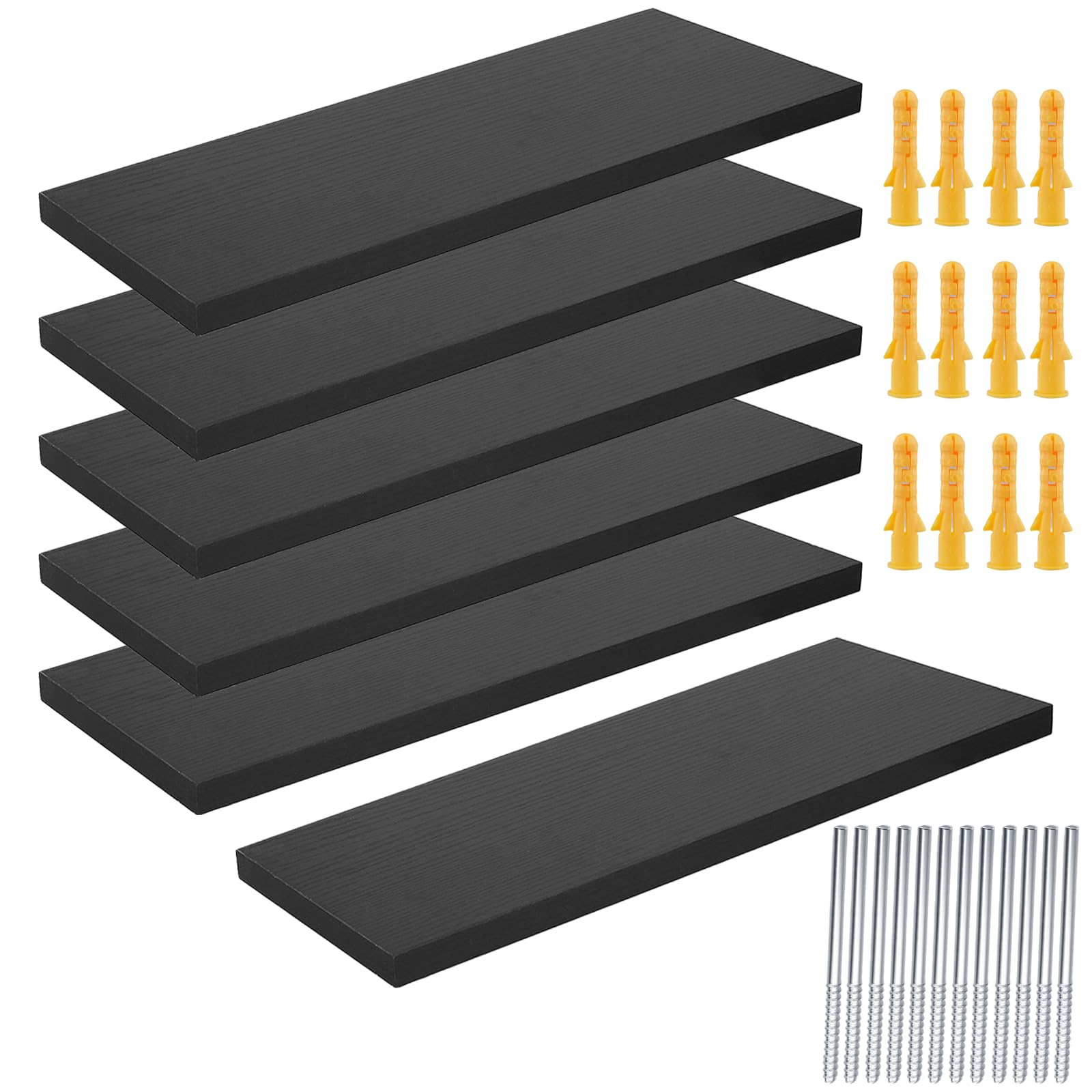 SOUJAP 6 Pcs Floating Shelves, Black Wooden Wall Shelf Display Decor Storage Shelves for Living Room, Kitchen, Bedroom, 40 x 15 x 1.5 cm