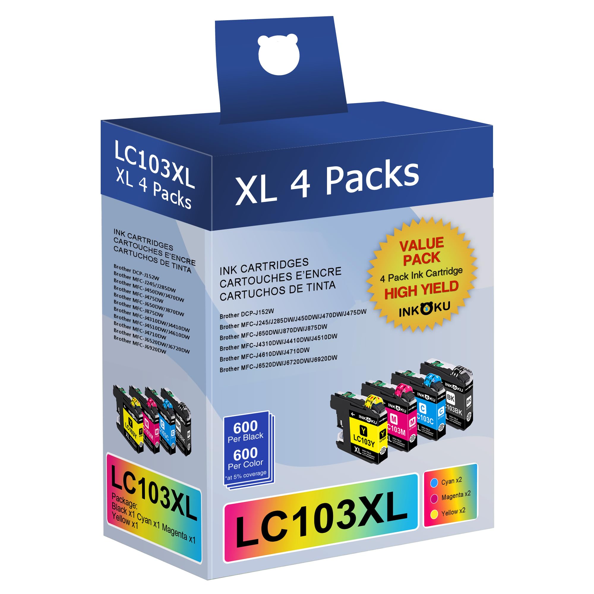 INKOKU LC103 XL Compatible for Brother LC103 Ink Cartridges LC101 Work with Brother MFC-J870DW MFC-J450DW MFC-J6920DW MFC-J6520DW Printer (Black Cyan Magenta Yellow, 4 Pack)