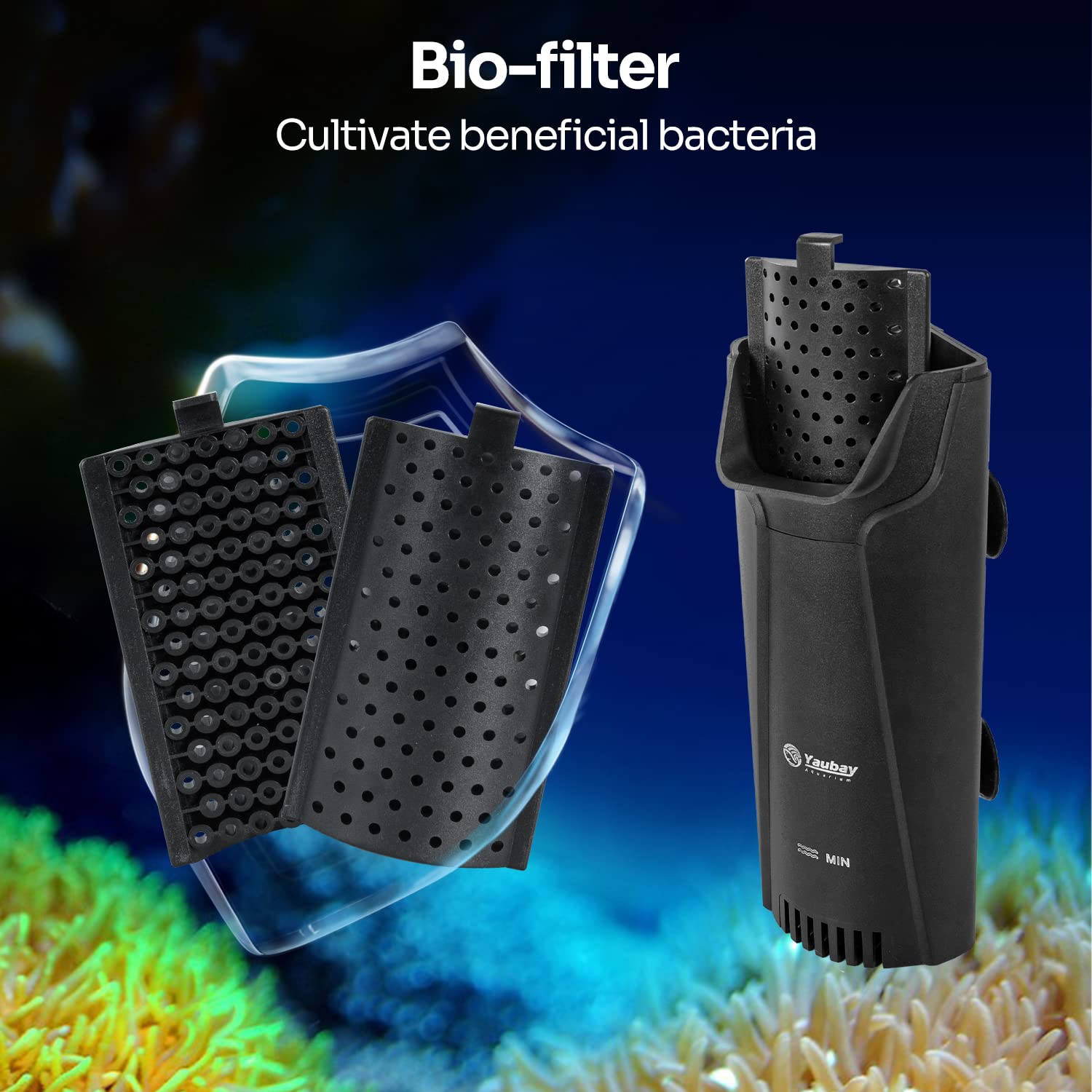 Yaubay Filtre interne silencieux pour aquarium, 3 étapes de biofiltration à faible niveau avec grille de protection pour aquarium jusqu'à 38 litres de poisson, tortue, crevettes, 45 GPH