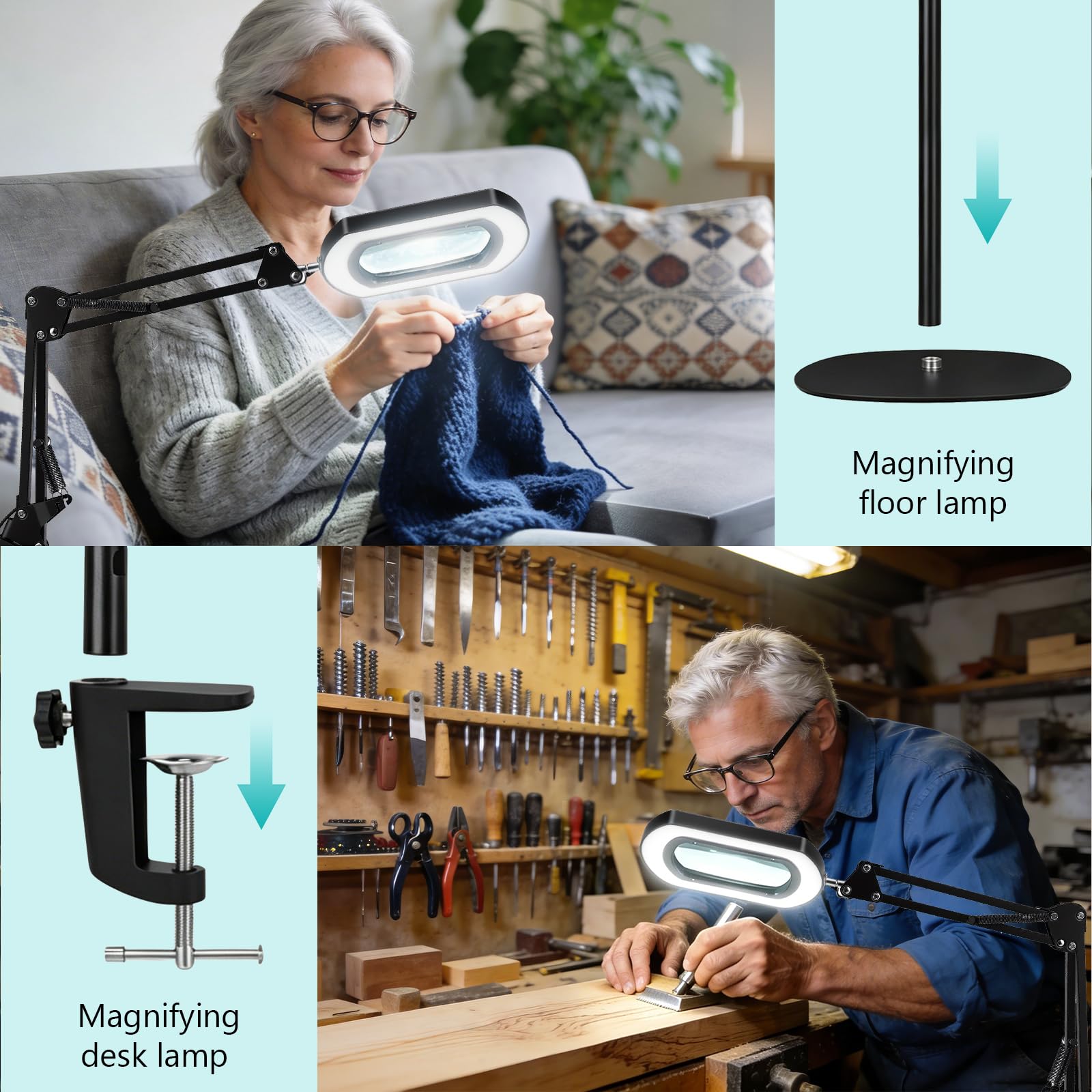 15X Lupe mit Licht und Ständer, 3-in-1 Standlupe, Lupenlampe mit 5 Farbmodi, Stufenlos Dimmbar, 60 LED, Stabiler Metallständer, Große Flexible Schwenkarm Lupenleuchte für Senioren, Hobbys und Basteln