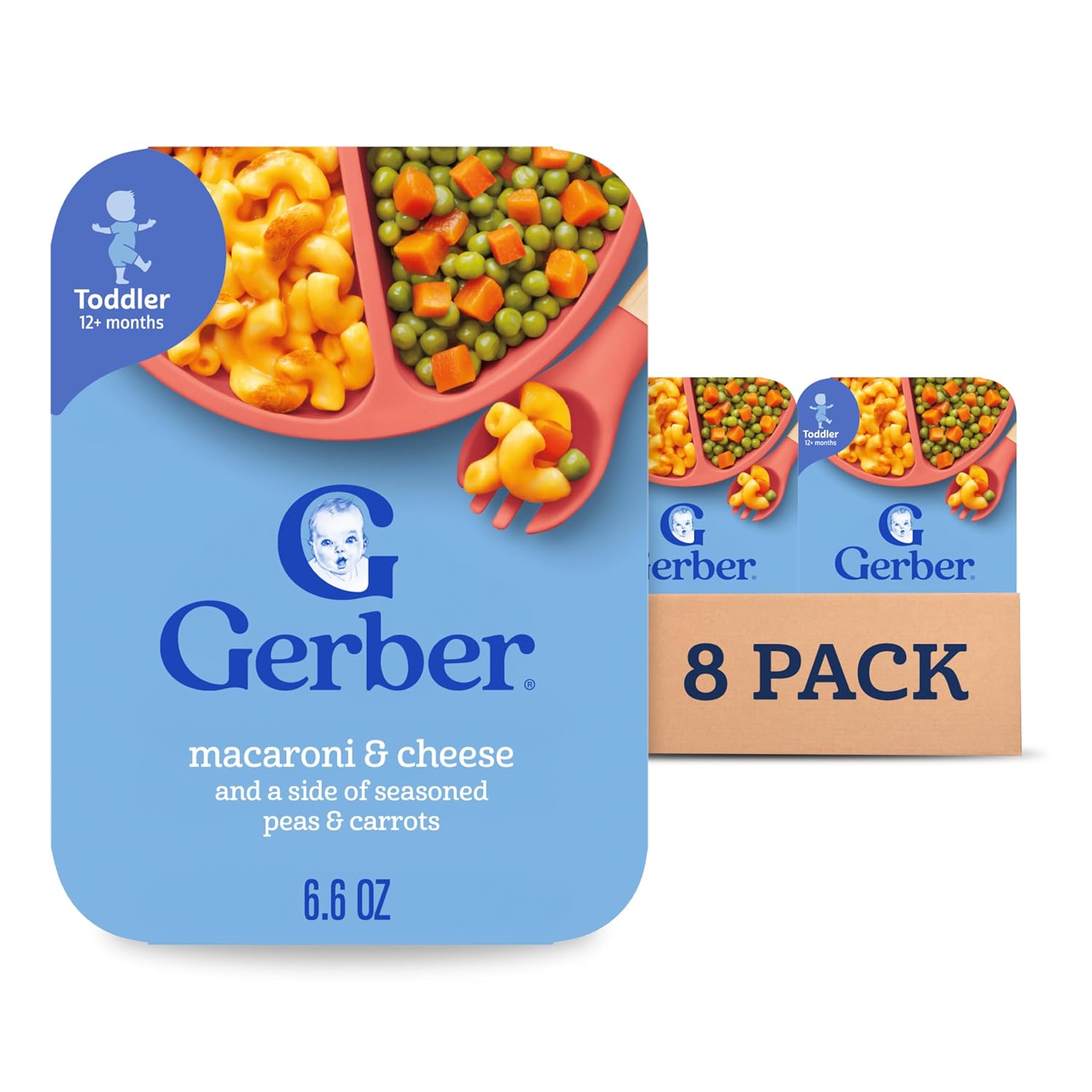 Gerber Toddler Mac & Cheese with Peas & Carrots - Baby Led Feeding Pasta Meals, 8-Pack for 12+ Months