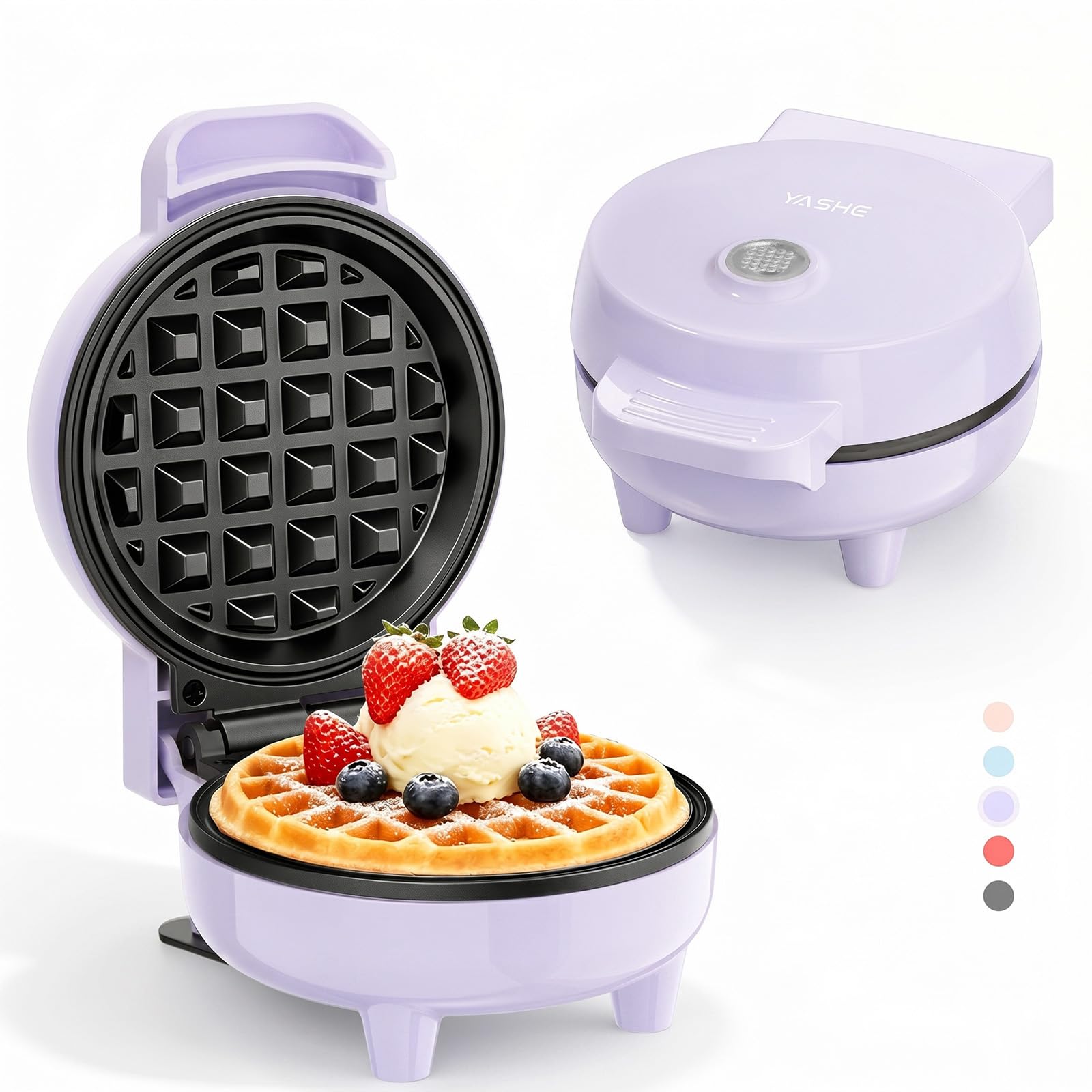 YASHE Mini Waffle Maker, 550W Non-Stick Waffle Iron, Purple