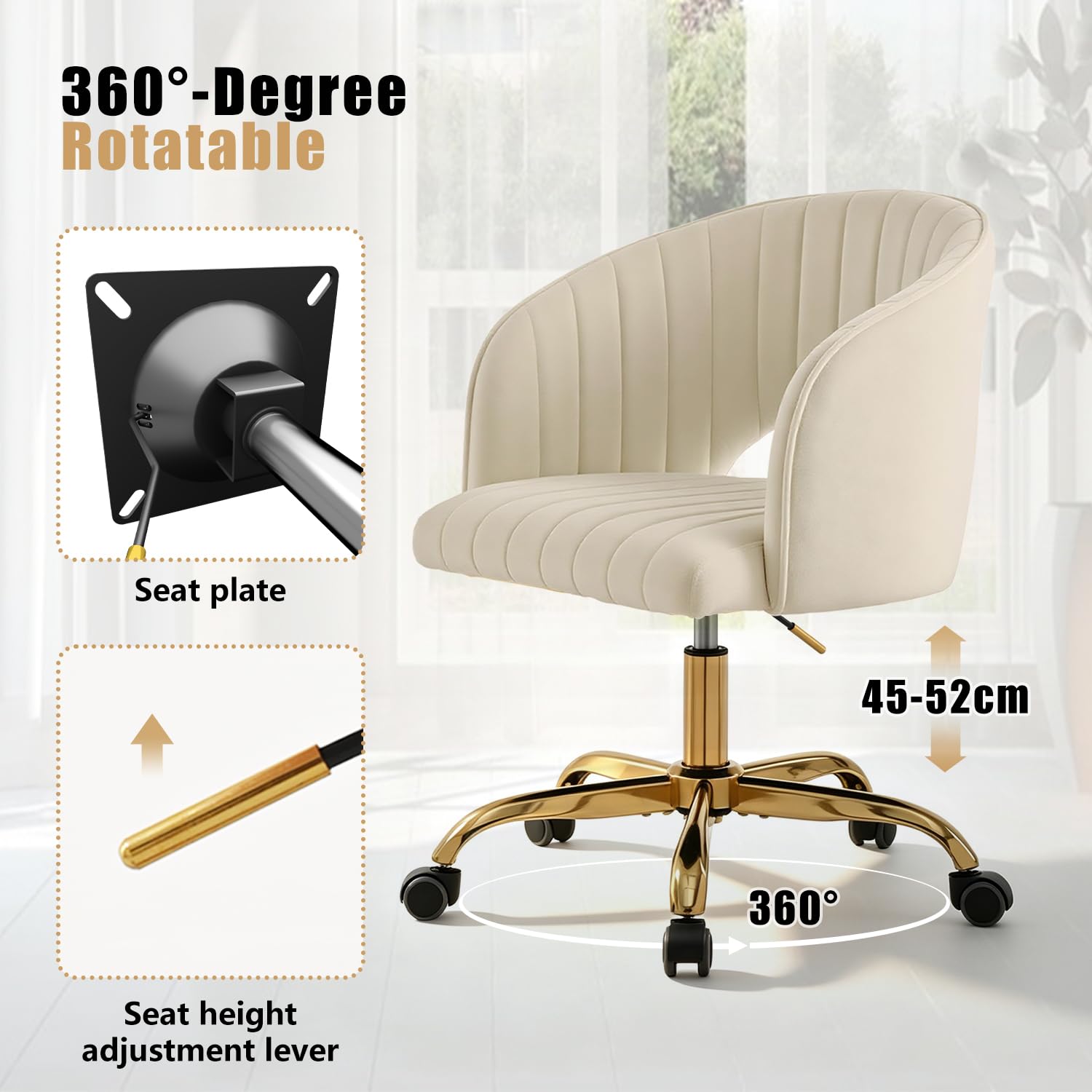Sedia da Scrivania Imbottita e Girevole - Poltrona da Ufficio Comoda con Schienale in Velluto - Sedia Moderna per Trucco con Ruote - Oro e Bianco