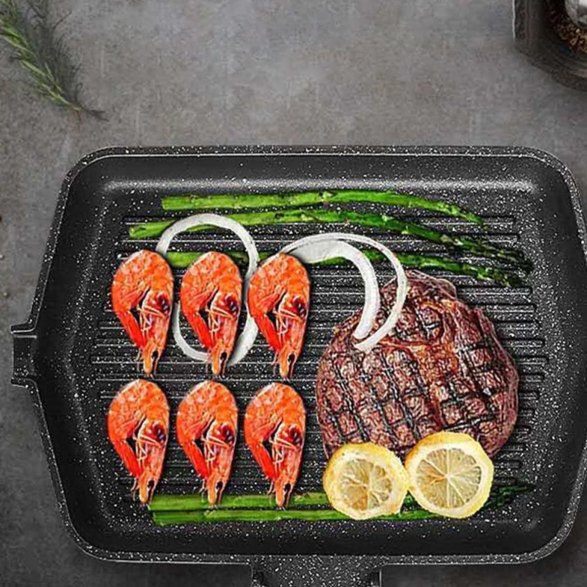 Padella Grill Antiaderente per Bistecche, Ferro Nero, Manico Pieghevole