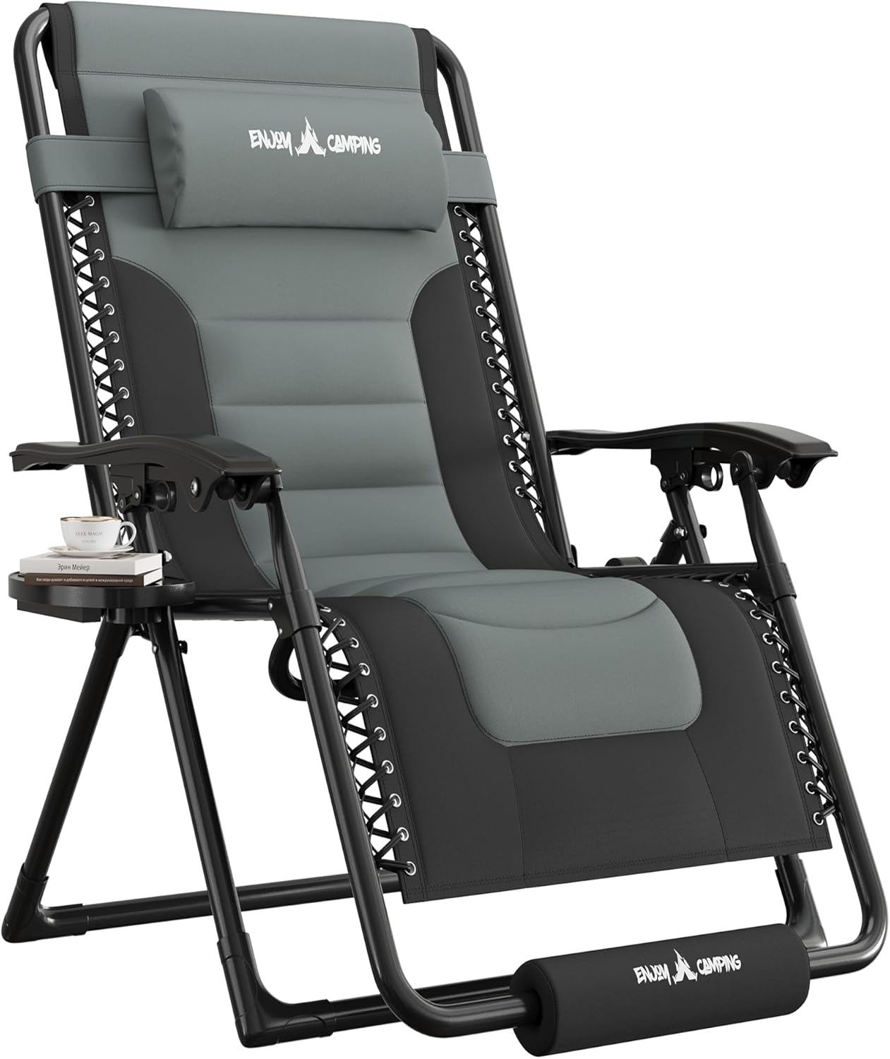 UDPATIO Oversized Zero Gravity Chair, Patio Recliner, Folding Adjustable Outdoor Lounge Chair with Cup Holder, Foot Pad & Padded Headrest, Supports 500lbs (1, Black/Gray, 29in)