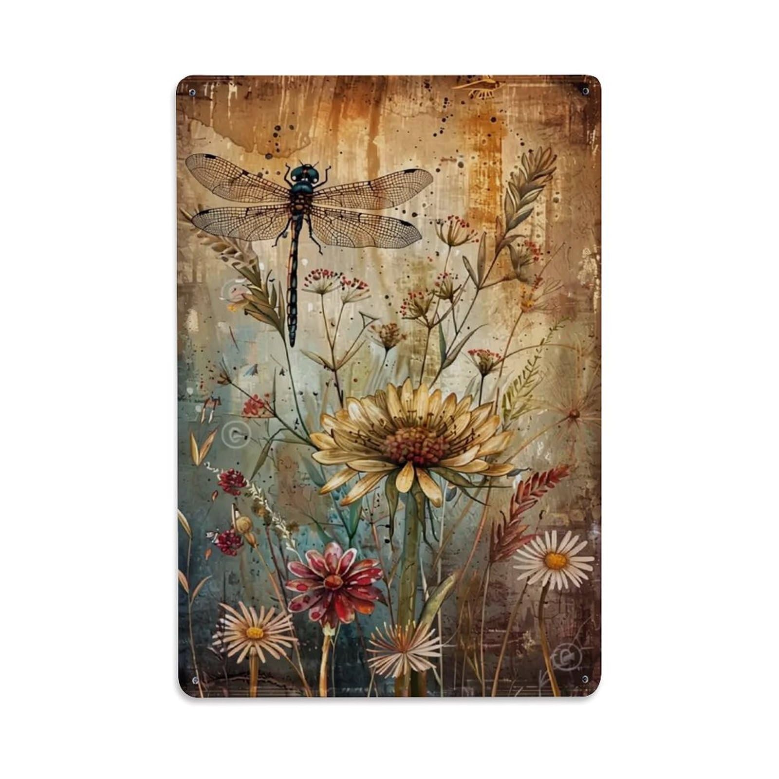 Jdfenggu Vintage Dragonfly Flower Field Art Print Retro Metal Tin Sign, Decor Art Poster For Bar, Home, Man Cave, Kitchen, Laundry Room Gift 8X12inch