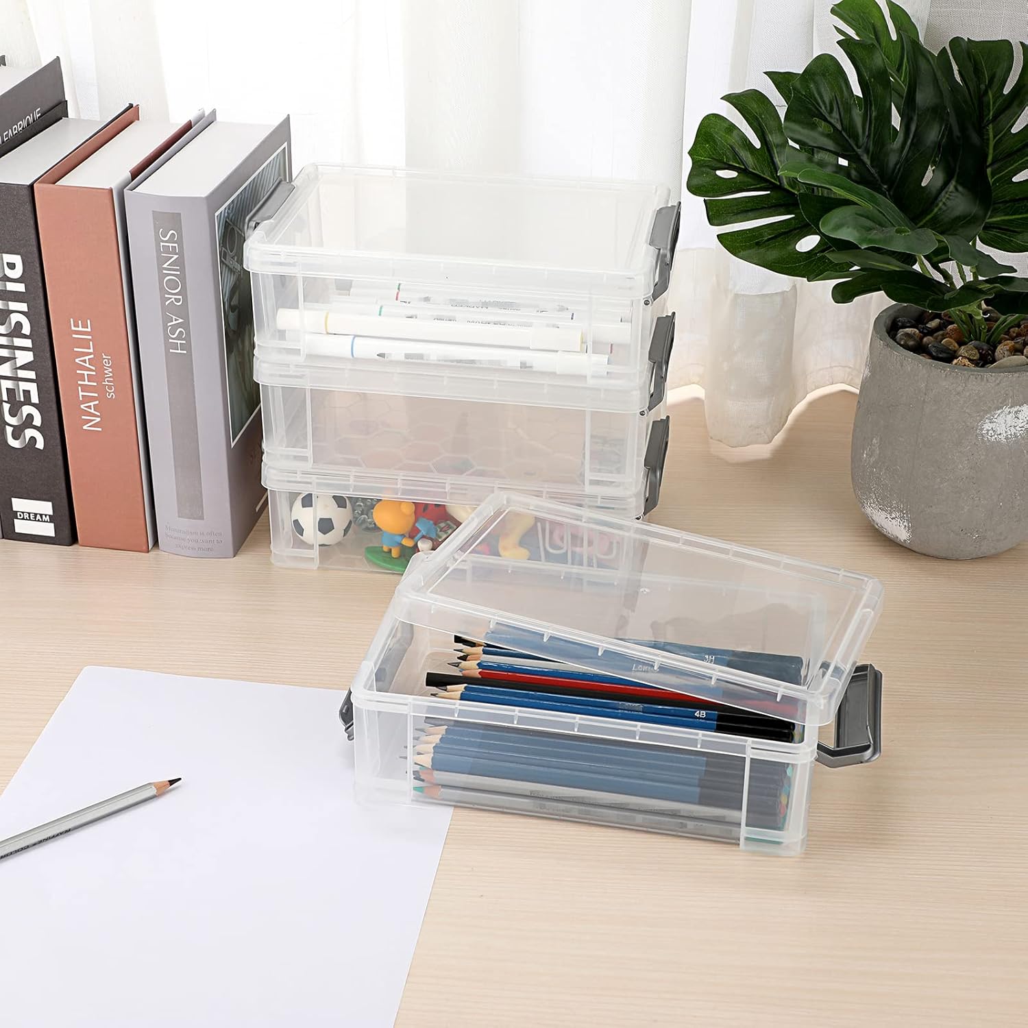BTSKY 4 Pack Extra Large Plastic Pencil Box Stackable Translucent Clear Pencil Caase Crayon Box Set, Marker Organizer Art Supply Storage Organizer for Gel Pens Pencils Erasers Tape Markers etc(Grey)