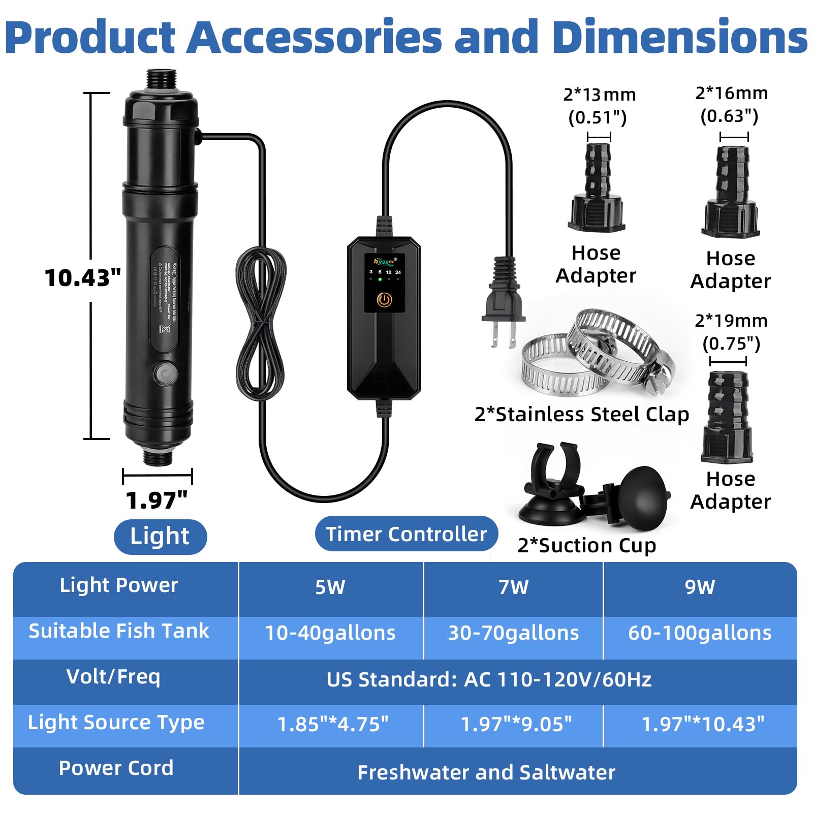 hygger - Luz de acuario U-V con tiempo, escudo protector de 360 °, luz limpia para agua verde y limpieza de algas, lámpara de anfibio U-V-C para acuario y acuario de agua dulce (9 W, 60-100 galones)