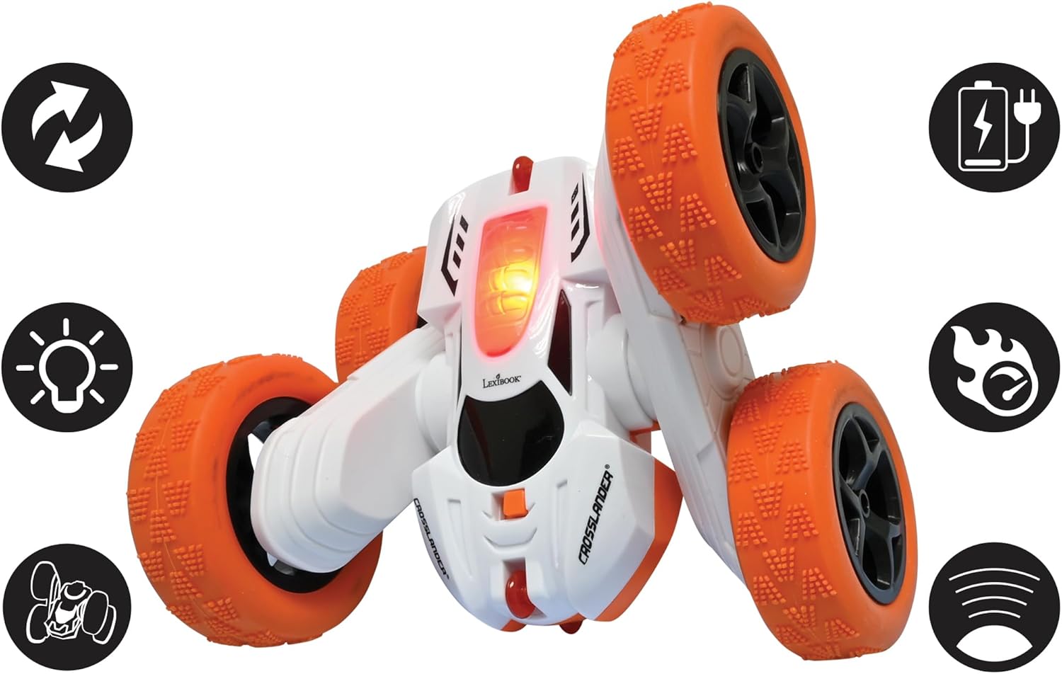 LEXiBOOK- Crosslander Luminous Terrain Car, Wrist Remote, Rechargeable, Electronic Action Kit, White/Orange, Color