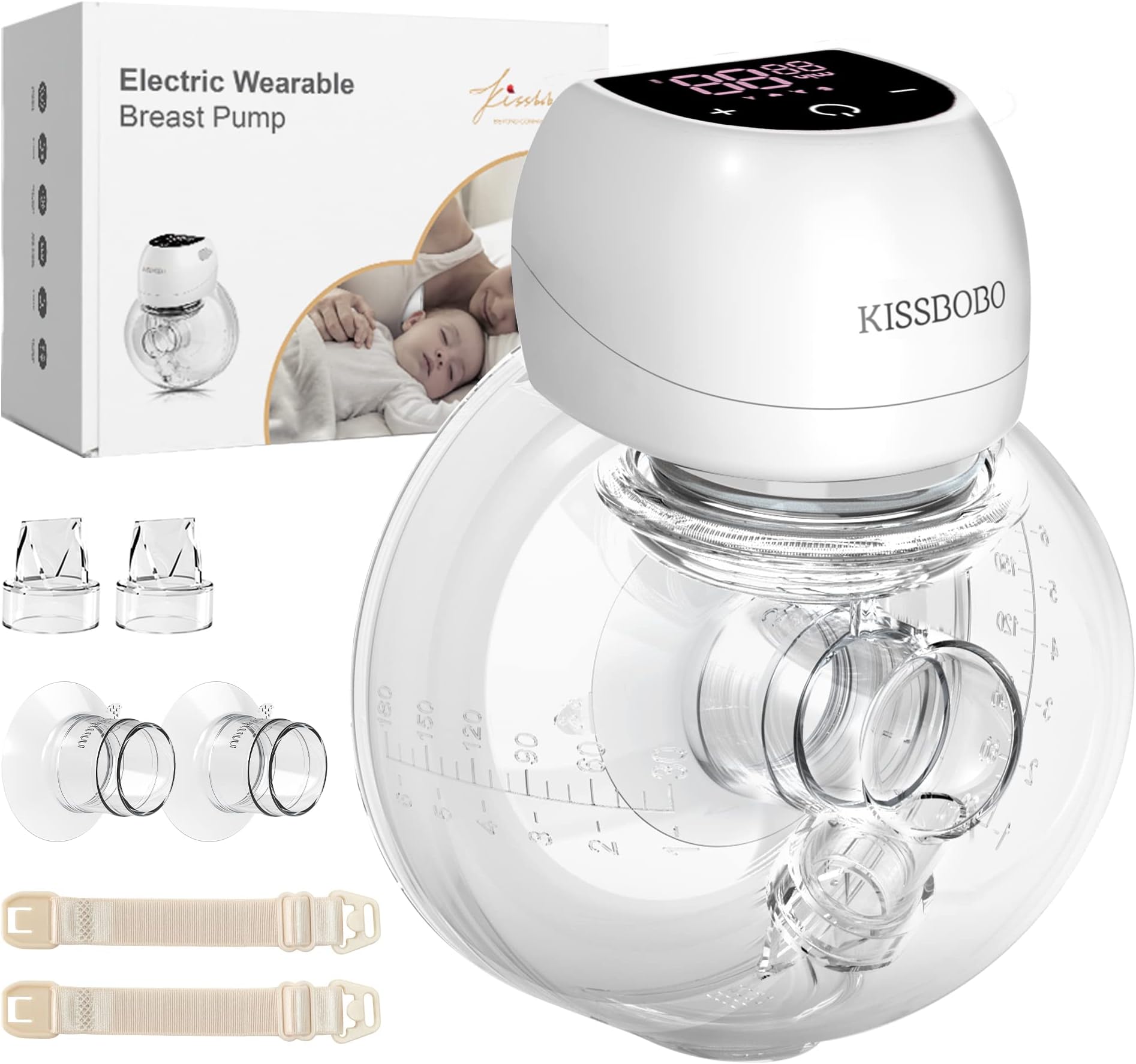 KISSBOBO ABP-1508PRO Electric Breast Pump, Wearable Breast Pump Hands Free Portable,4 Modes 12 Levels, Low Noise Painless Rechargeable Wireless Electrical W/ 21/24MM Flanges(White 1PCS)