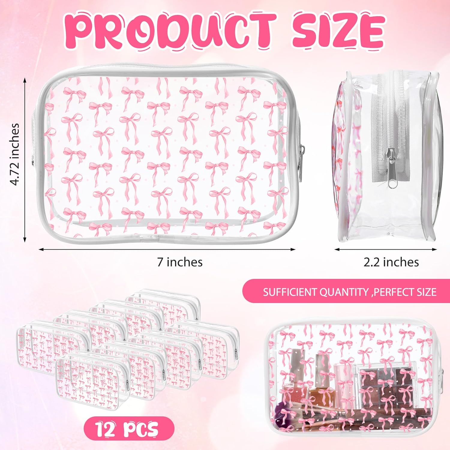 Kacctyen 12 Pcs Pink Bow Cosmetic Bag Coquette Preppy PVC Makeup Bag Bulk Clear Zippered Travel Toiletry Pouch Gift for Women Birthday Party Favor Bridal Shower