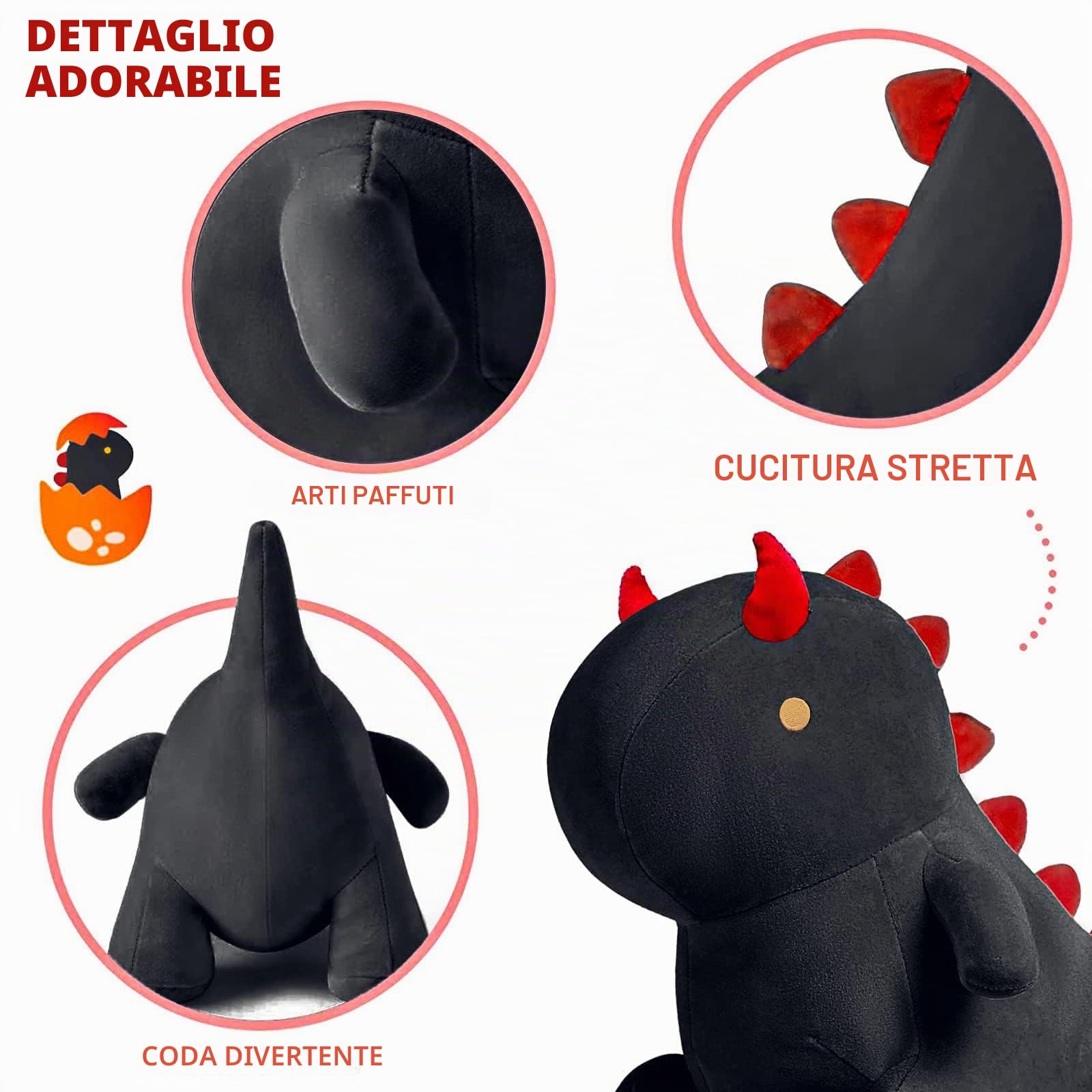 shownicer Peluche Dinosauro, Kawaii Dino Giocattolo Morbido, Animali di Peluche, Bambola di Peluche Cuscino, Regalo per Bambini Ragazza 3+ Anni (Nero, 45cm)