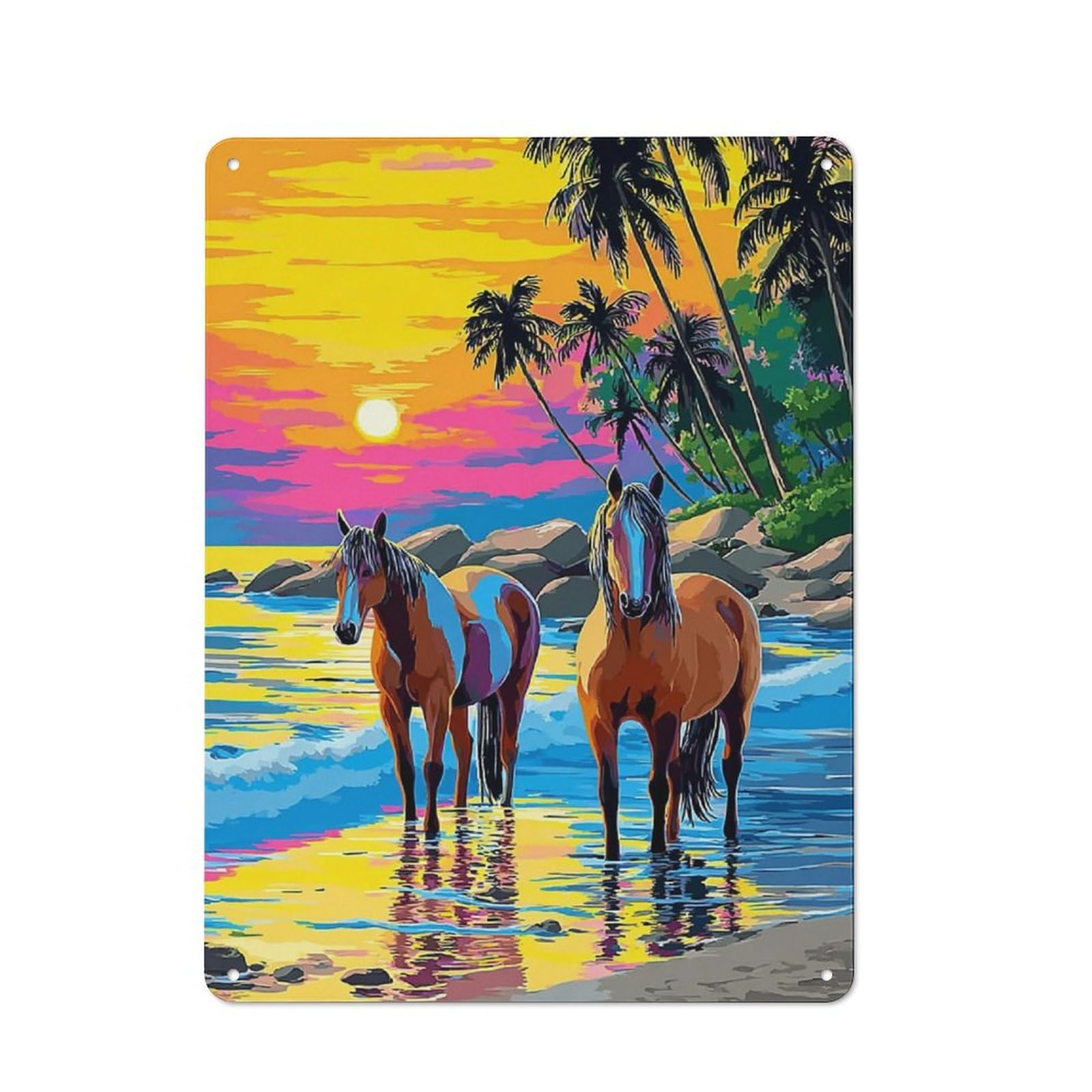 Junmoney Beach Sunset With Horses -1 Decorative Tin Plaque 40X30cm, Vintage Bar Wall Plaque For Bar, Kitchen, Garage Or Games Room