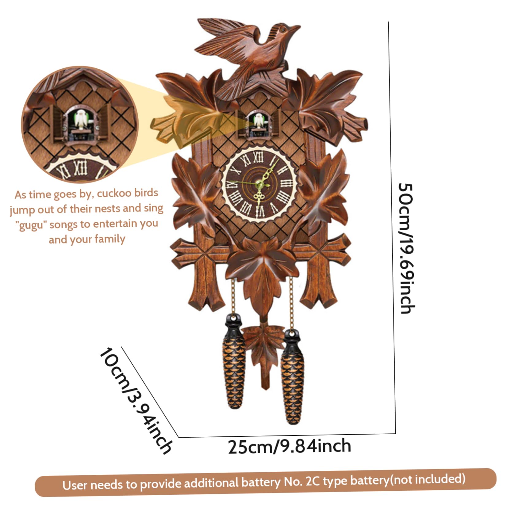 Horloge à Coucou en Bois avec Pendule d'oiseau Qui Travaille – Horloge Murale Coo Coo avec Mode Nuit pour Salon, Chambre à Coucher, Pendaison de crémaillère