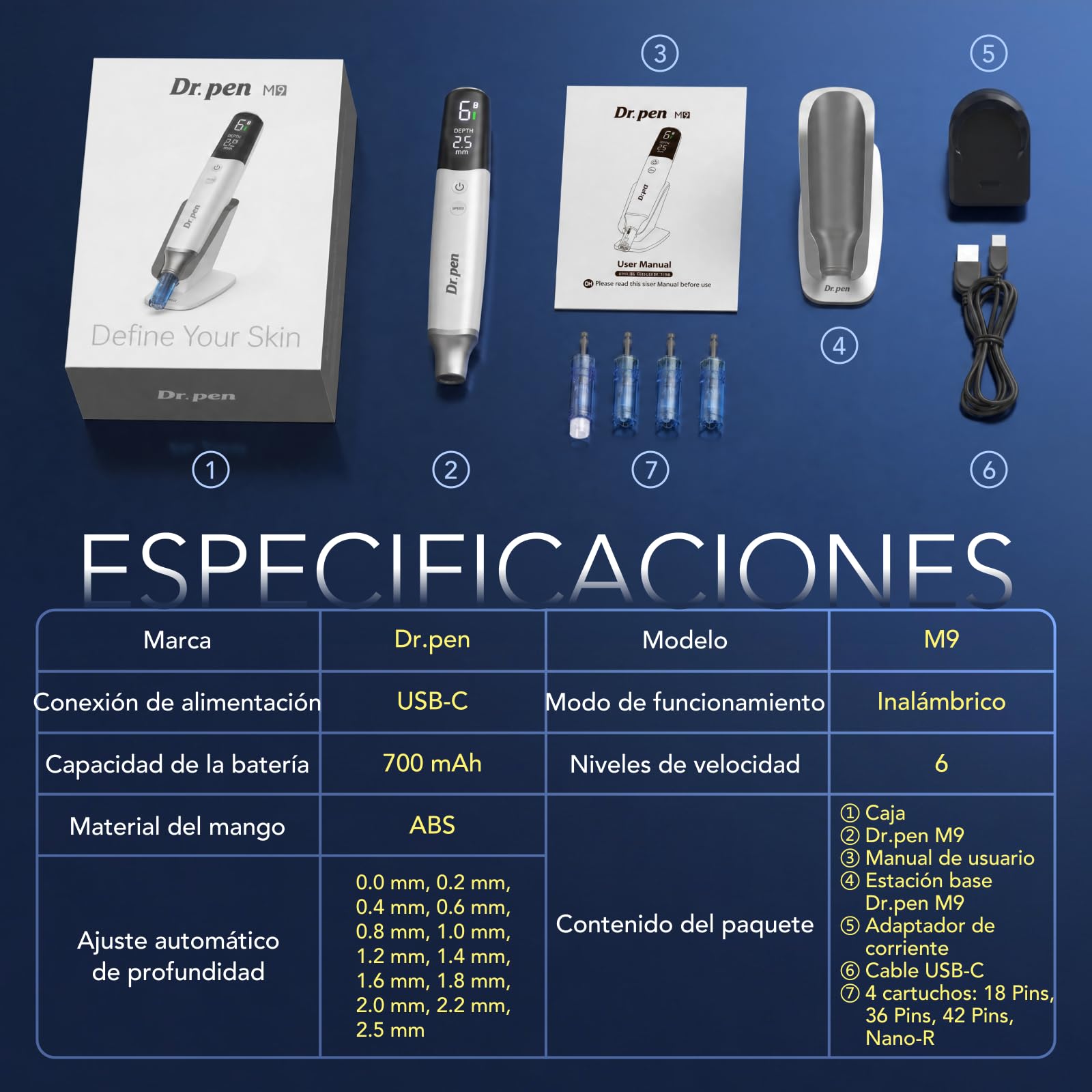 Dr.pen Ultima M9 Inalámbrico Microneedling Rostro y Cuero Cabelludo - Versión 2026: Ajuste con 1 Botón, Chip Inteligente Antifalsificación, Carga USB-C, para Casa o Salón, Gran Regalo para Mujeres