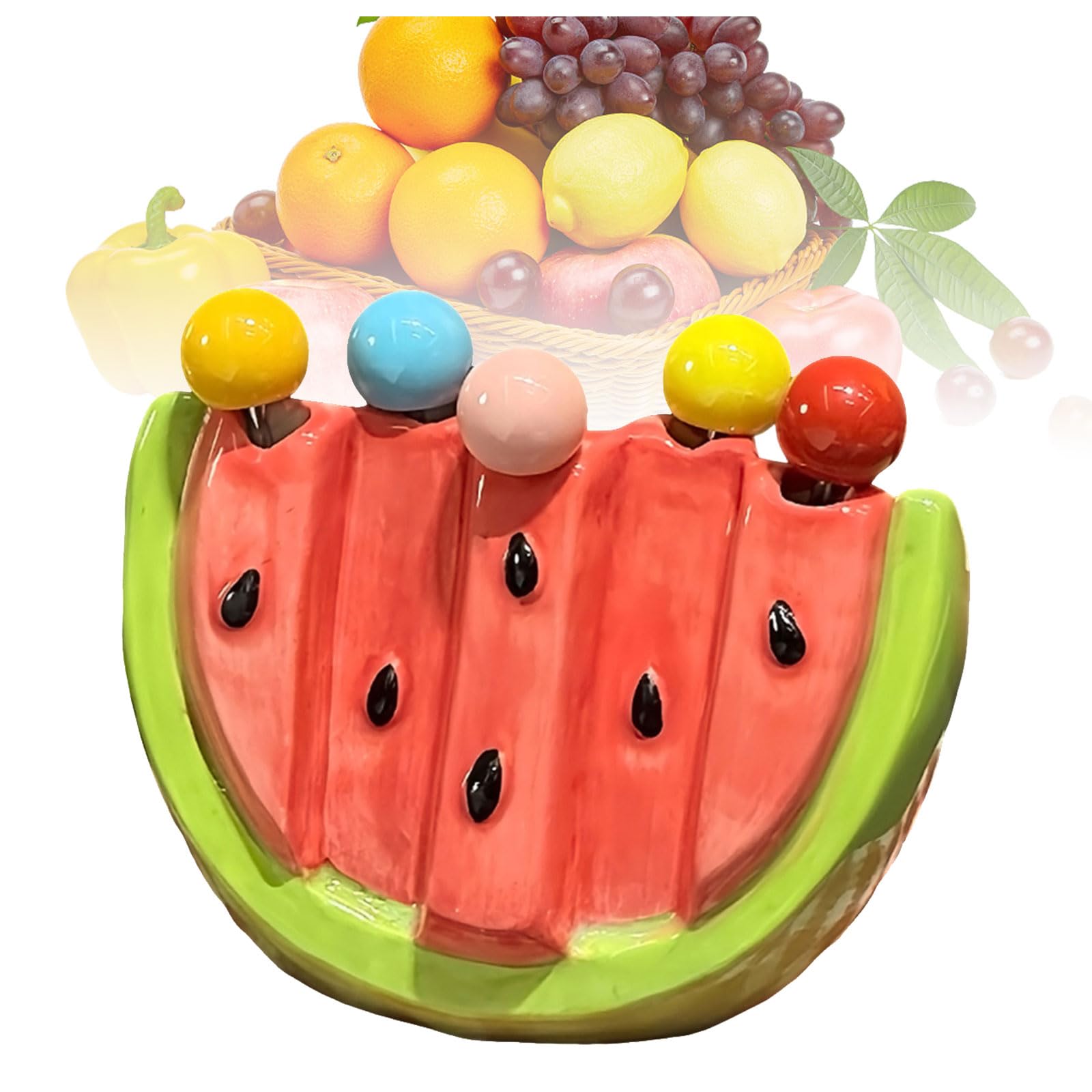 Fourchettes à Dessert, Fourchette à Fruits en Acier Inoxydable avec Boîte de Rangement Céramique en Forme de Pastèque & 5 Fourchettes réutilisables pour Cuisine, Fête