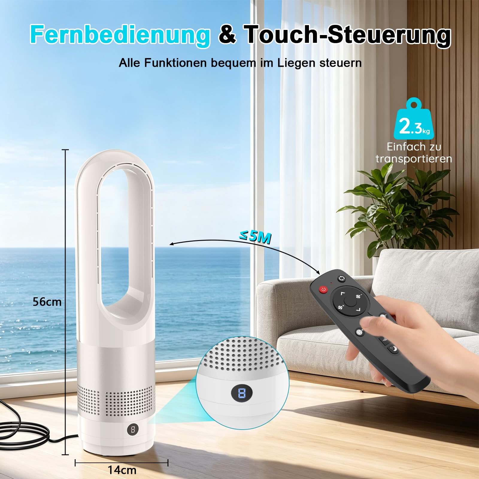 Rotorloser Ventilator mit Fernbedienung, cooling ace Lüfter, Luftkühler, mobiles Klimagerät, 8 Gänge, 80° Oszillation, 8H Timer, Energiesparend Bladeless Fan für Schlafzimmer Zuhau