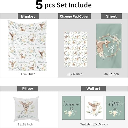 Miniatura 8 de Juego de ropa de cama personalizado para cuna, cómodo juego de cuna de 5 piezas, diseño de animales de dibujos animados, manta con nombre