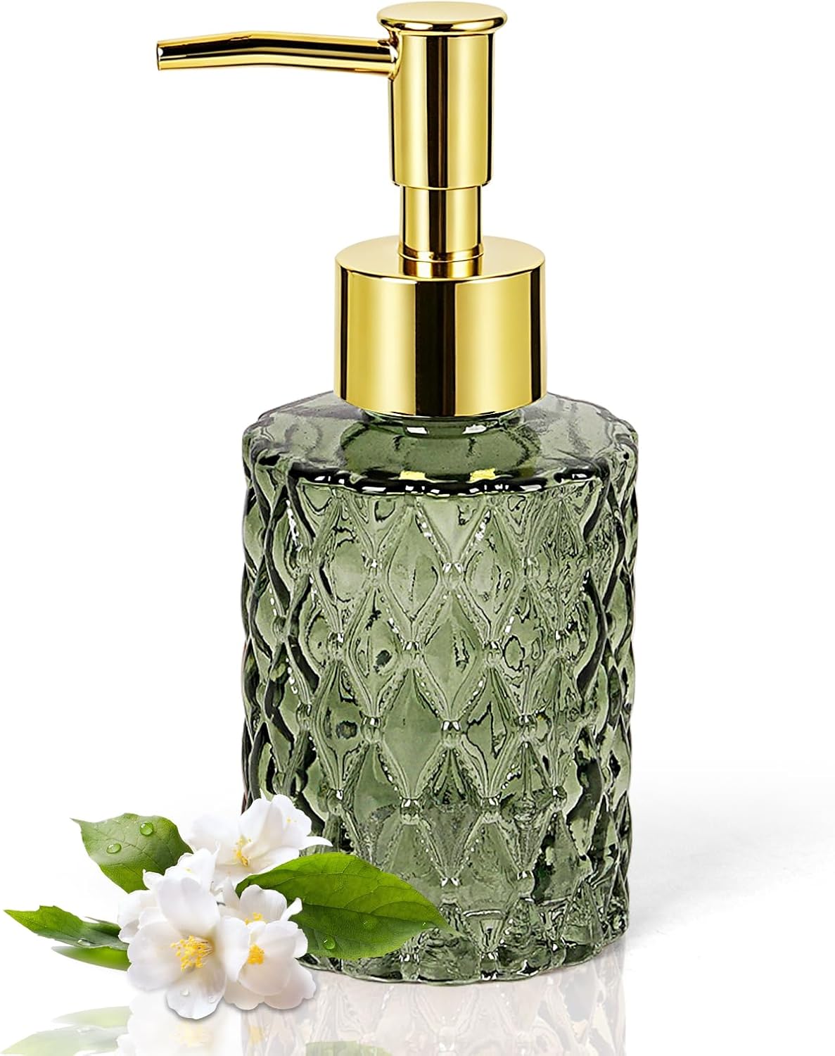Glass Hand Soap Dispenser with Gold Pump for Bathroom/Kitchen,Green