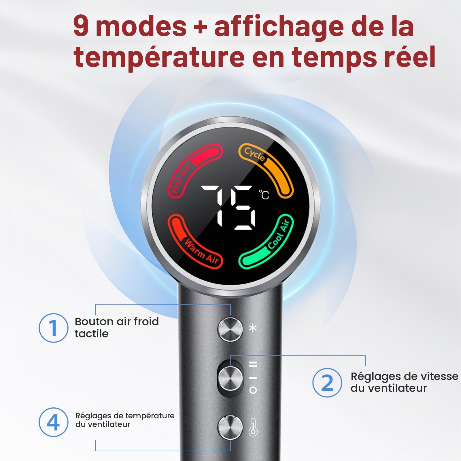 Sèche-cheveux professionnel 160 000 tr/min,sèche-cheveux ionique ultra-rapide par flux d'air haute vitesse,contrôle NTC intelligent,500M ions négatifs anti-frisottis,cheveux doux et brillants,56 dB