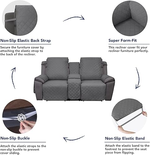 Miniatura 4 de PureFit Funda de sofá reclinable reversible resistente al agua para sofá biplaza doble con consola, funda de sofá dividida antideslizante, funda