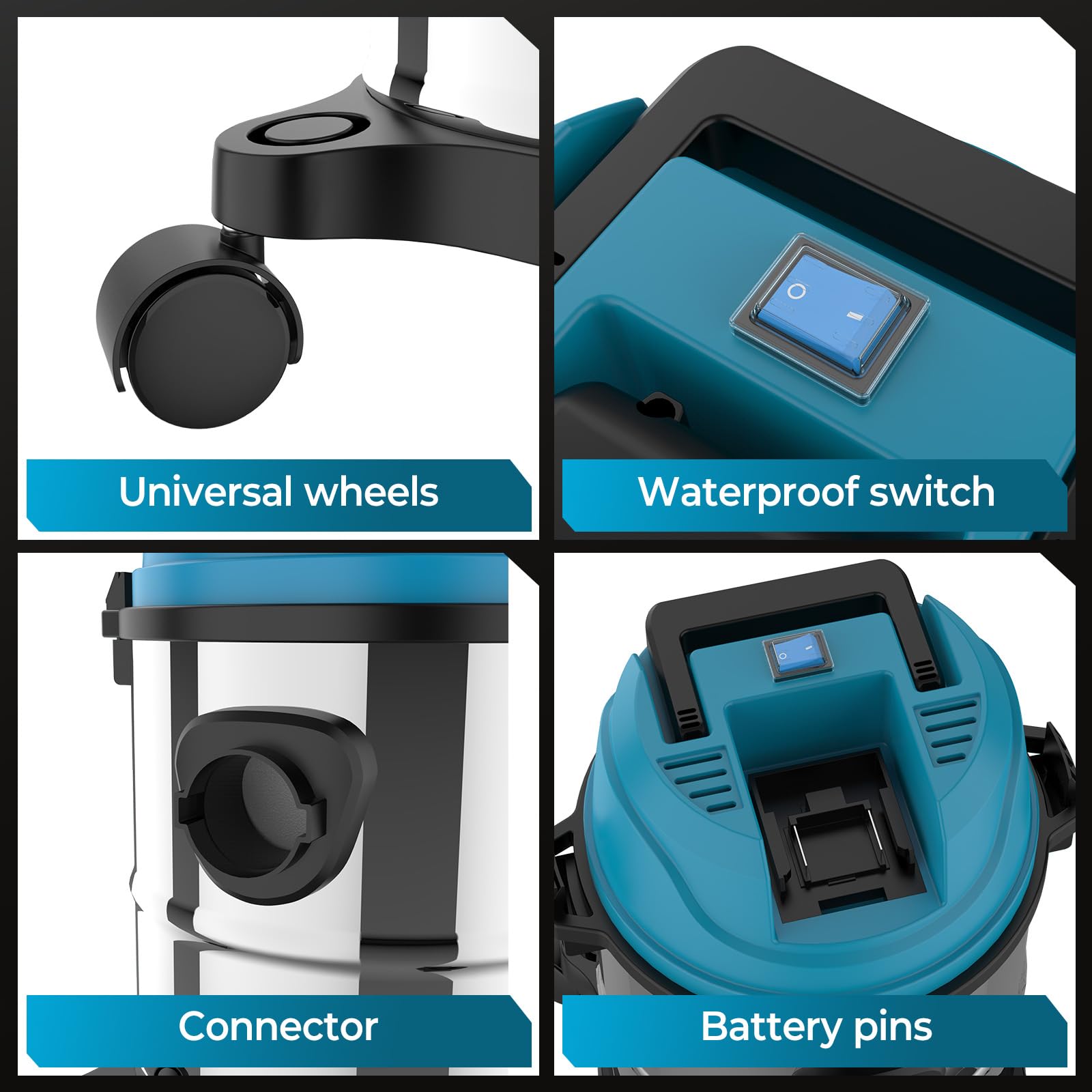 Aspirapolvere umido e secco per batteria Makita 18V, aspirapolvere industriale 3 in 1 con bocchetta per fessure, bocchetta per imbottiture, bocchetta per pavimento, contenitore in acciaio inossidabile