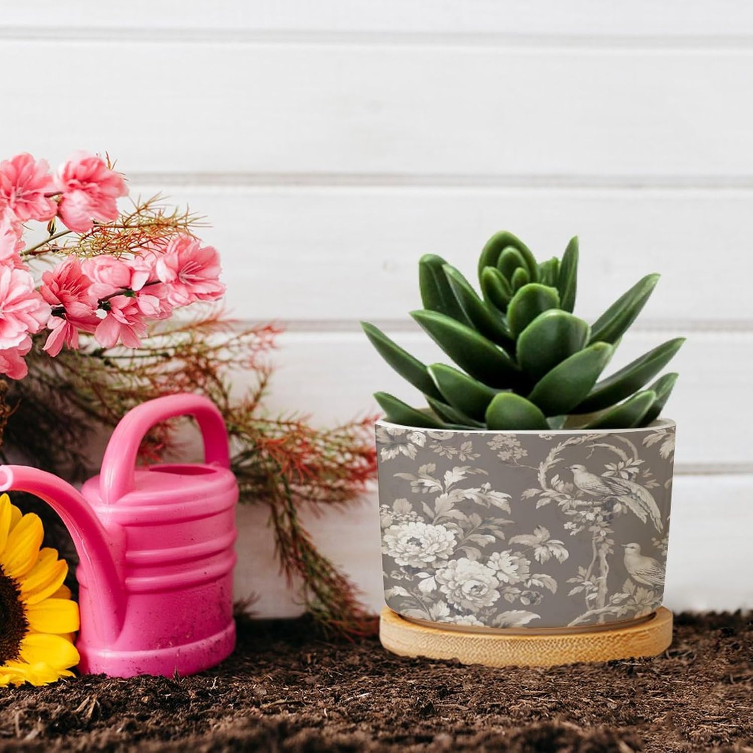 Tan French Country Toile Floral Planter Ceramic Grey White Bird Round Plant Pots with Drainage Holes and Bamboo Tray Pot for Home Office Desk Garden