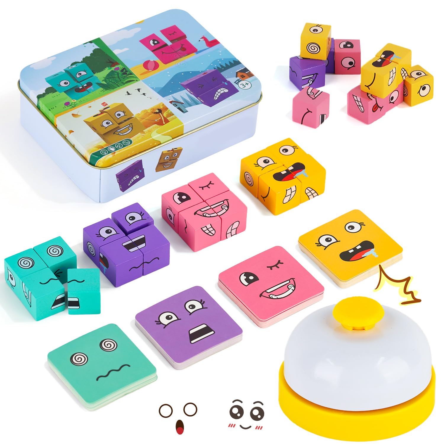 Drewniane puzzle w kształcie kostki, do wyrażania, drewniane kostki, twarze, puzzle, kostka budowlana, 3D, Face Changing, Magic Cube, gra dla dzieci 3, 4, 5, 6, 7, z dzwonkiem stołowym