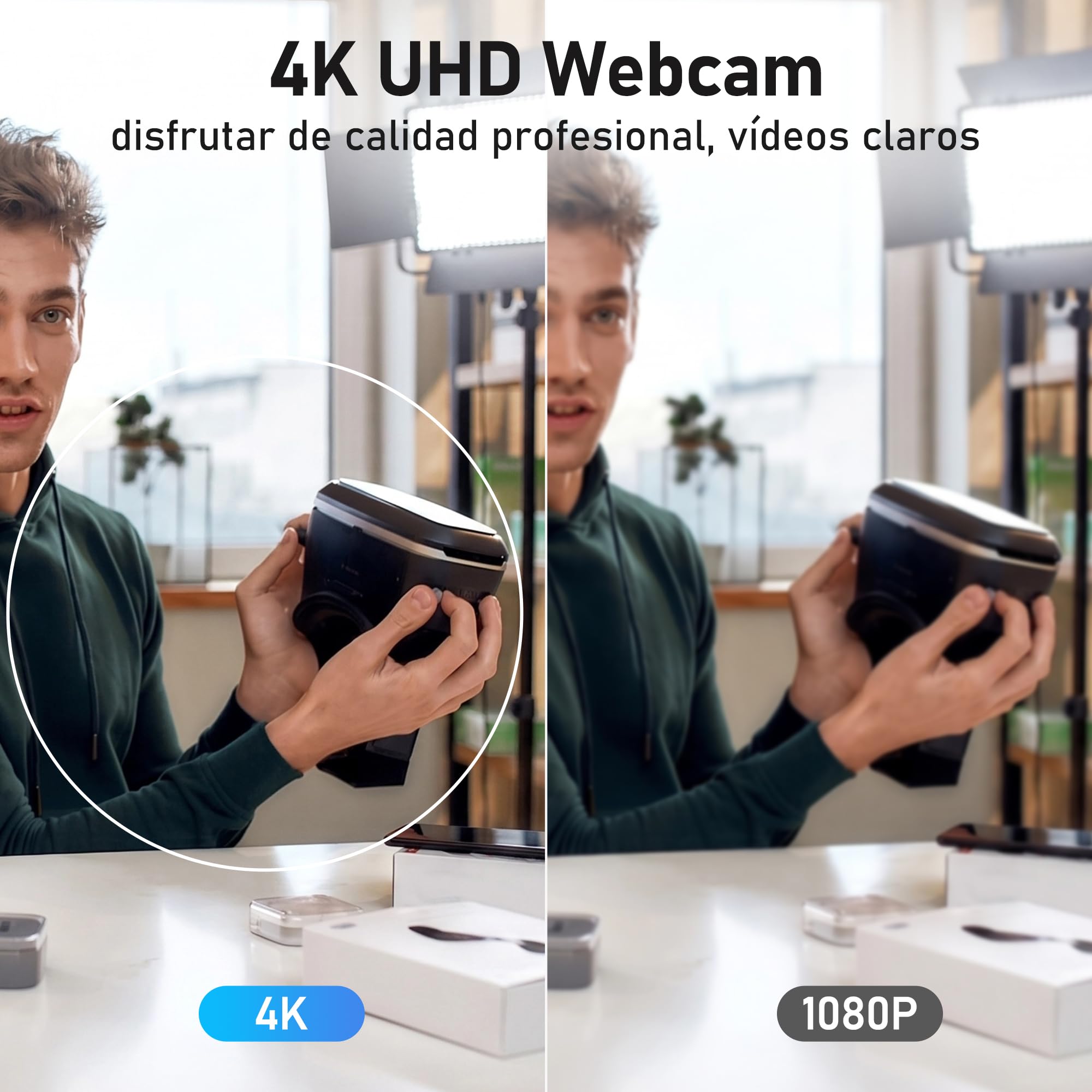 W8LS Webcam 4K 30FPS con Micrófono Anti-Ruido, Luz de Anillo LED, Autofoco, Corrección de Luz, 78°Gran Angular, Tapa Privacidad, Plug & Play, Trípode - comptible Zoom, Teams, OBS y Switch 2