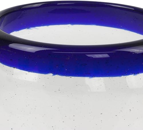 Miniatura 4 de NOVICA Vasos artesanales de vidrio reciclado con borde azul cobalto transparente soplado a mano, 14 onzas, clásico (juego de 6)