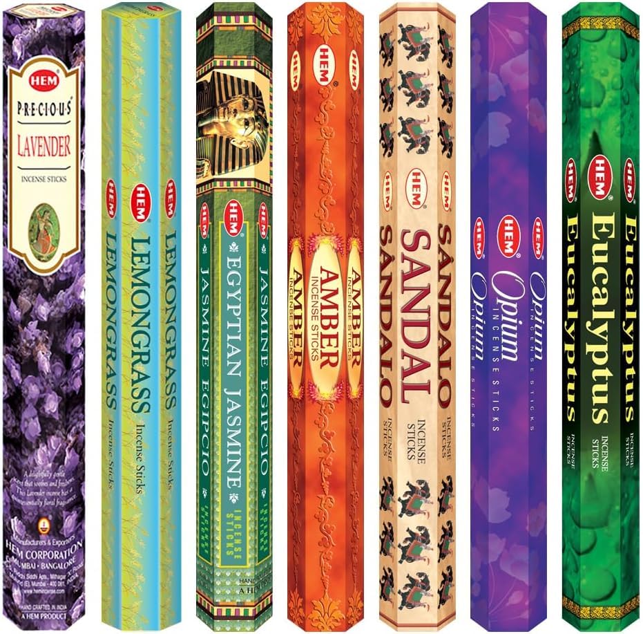Hem Assorted Incense Sticks Pack of 6-120 Sticks, Fragrance - Lemongrass, Lavender, Egyptian Jasmine, Ambar Sandalo, Opium, Eucalyptus