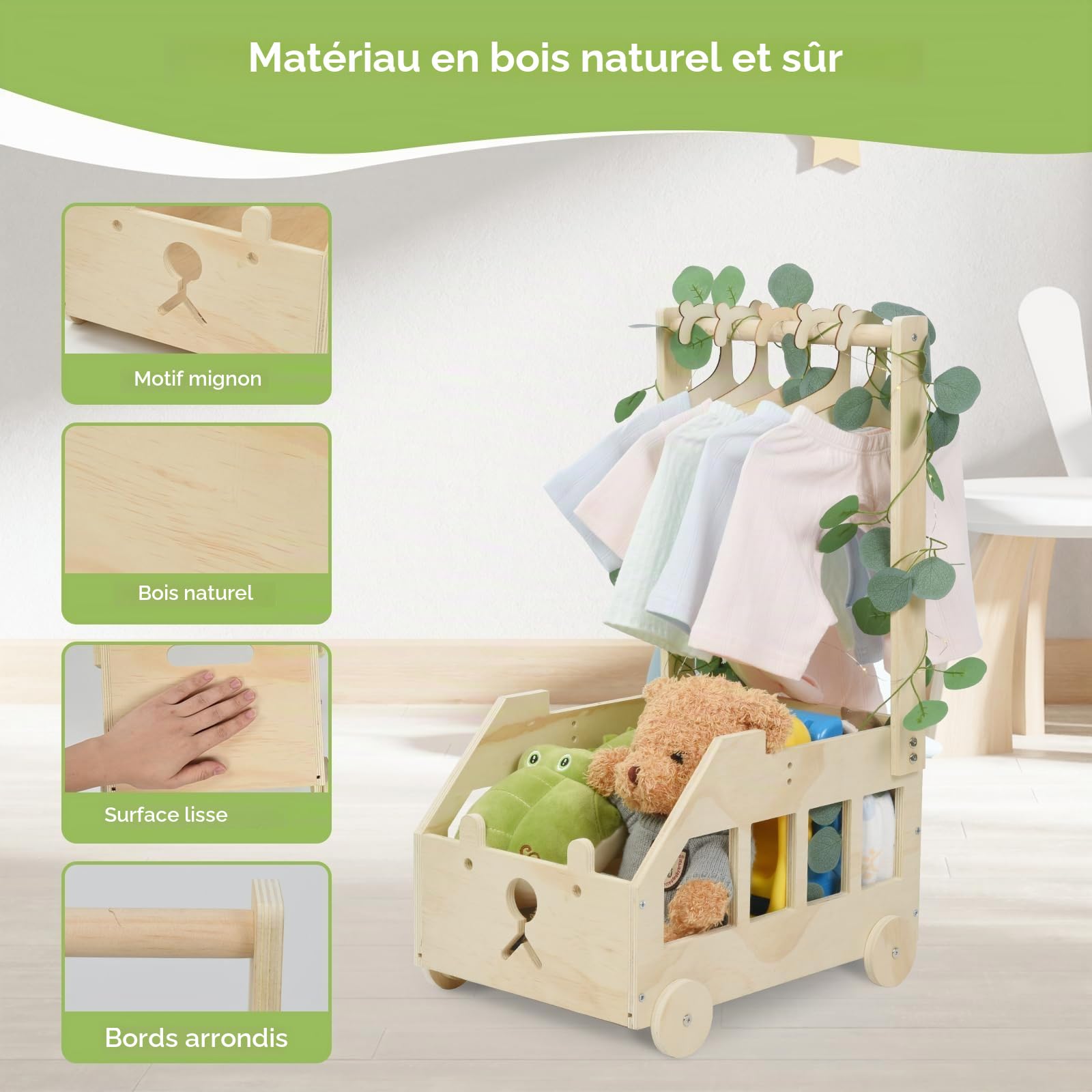 OTraki Panier Rangement Bébé avec Roulettes, Panier de Douche Bois pour Bébé avec Feuilles Décoratives 5 Cintres En Bois Caisse de Rangement pour Fête Prénatale pour Grossesse, Nouveaux Parents