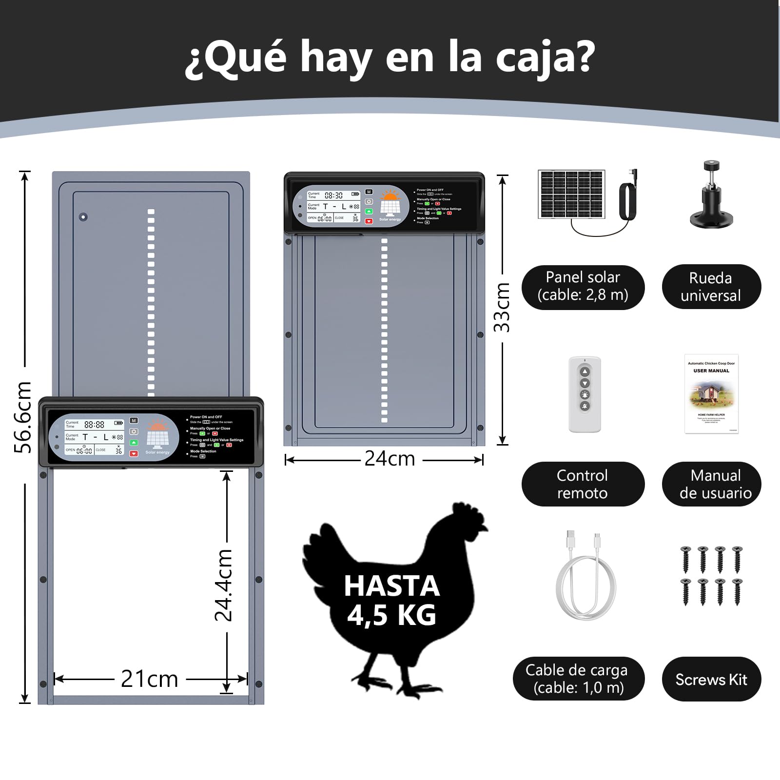 CHAMUTY Puerta Automática de Gallinero con Pantalla, Control Remoto, Aluminio, Resistente a Condiciones Climáticas Extremas