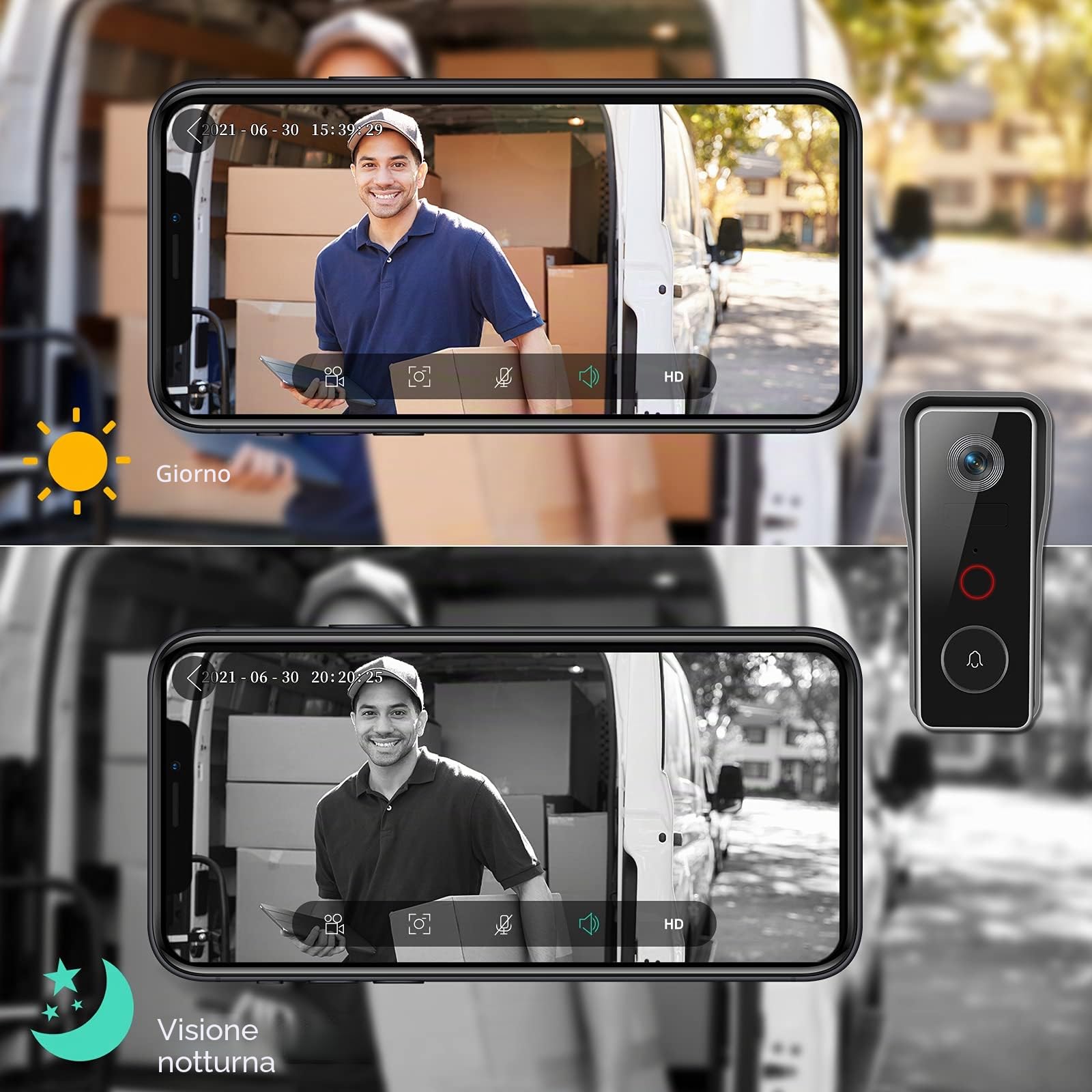 XTU Campanello senza fili con fotocamera, campanello video WiFi con telecamera e campanello, 2K HD, rilevamento umano PIR, audio bidirezionale, scheda SD e archiviazione nel cloud, IP66 impermeabile