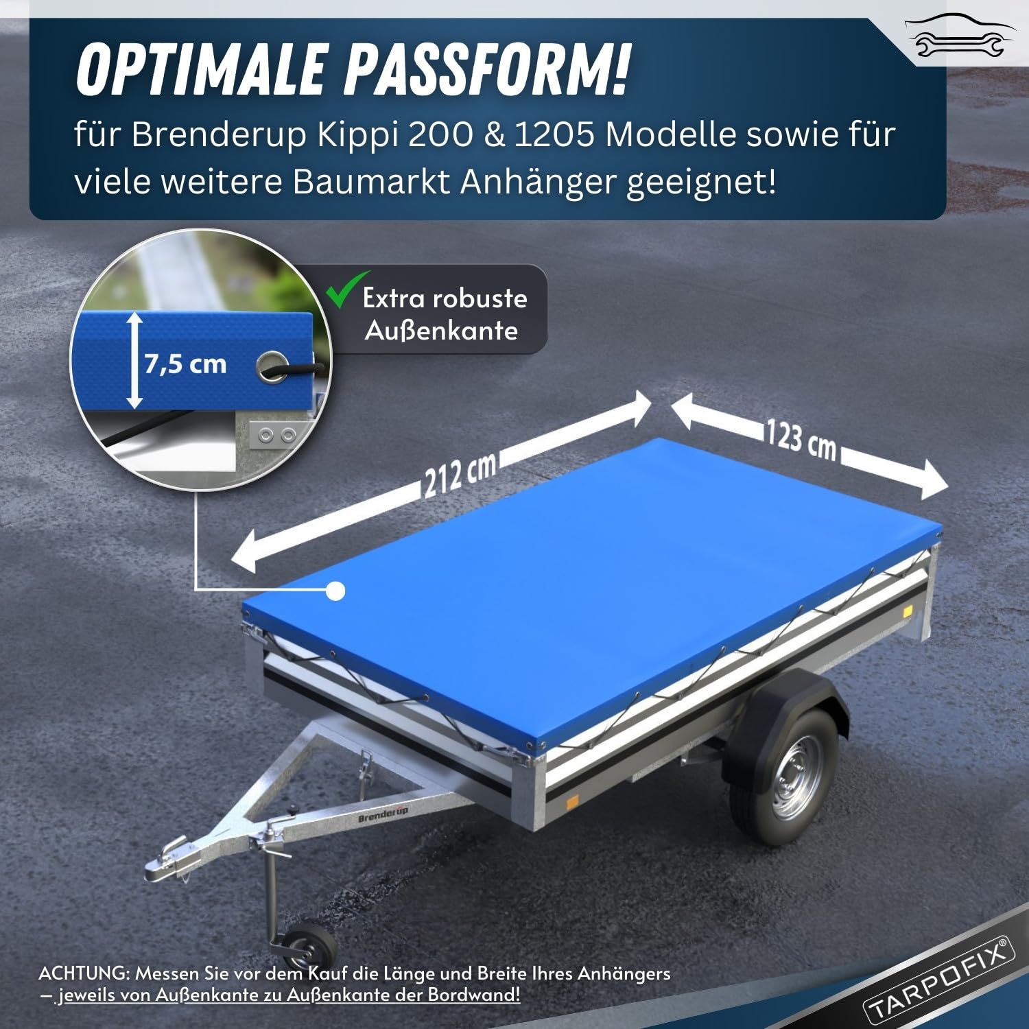 Tarpofix® Plane 212 x 123 cm inkl Planenseil | PVC Flachplane aus Planenmaterial | Verstärkte Brenderup Anhänger für 750kg PKW Hänger | Abdeckplane Blau