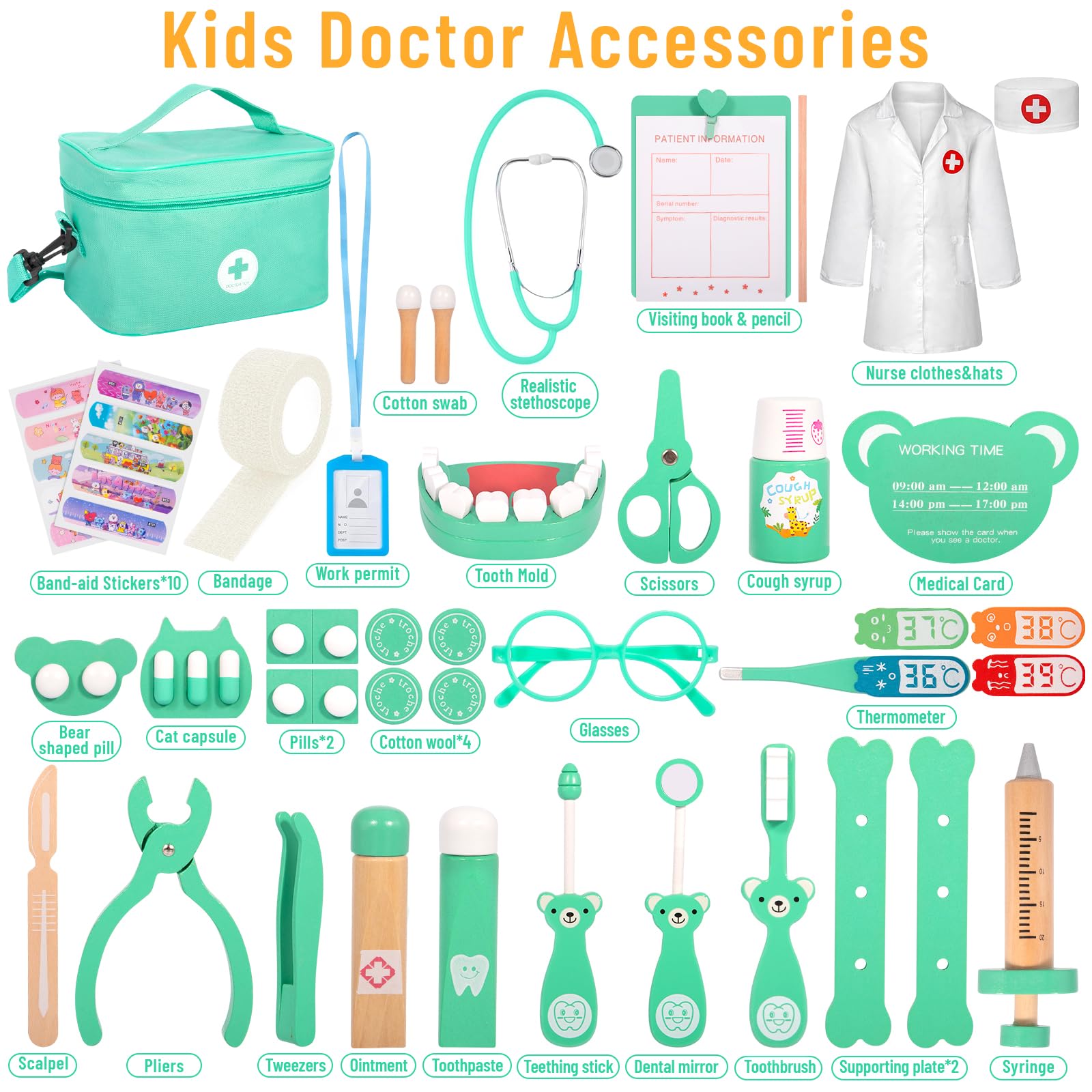 Malette Docteur Enfant,Kit de Médecin Jouets,Jouets de Dentiste pour Enfants,avec Stetoscop Enfant, Thermomètre, Seringue et Plus Kit,Cadeau médical de Jeu de Rôle pour Filles garçons 3-8 Ans