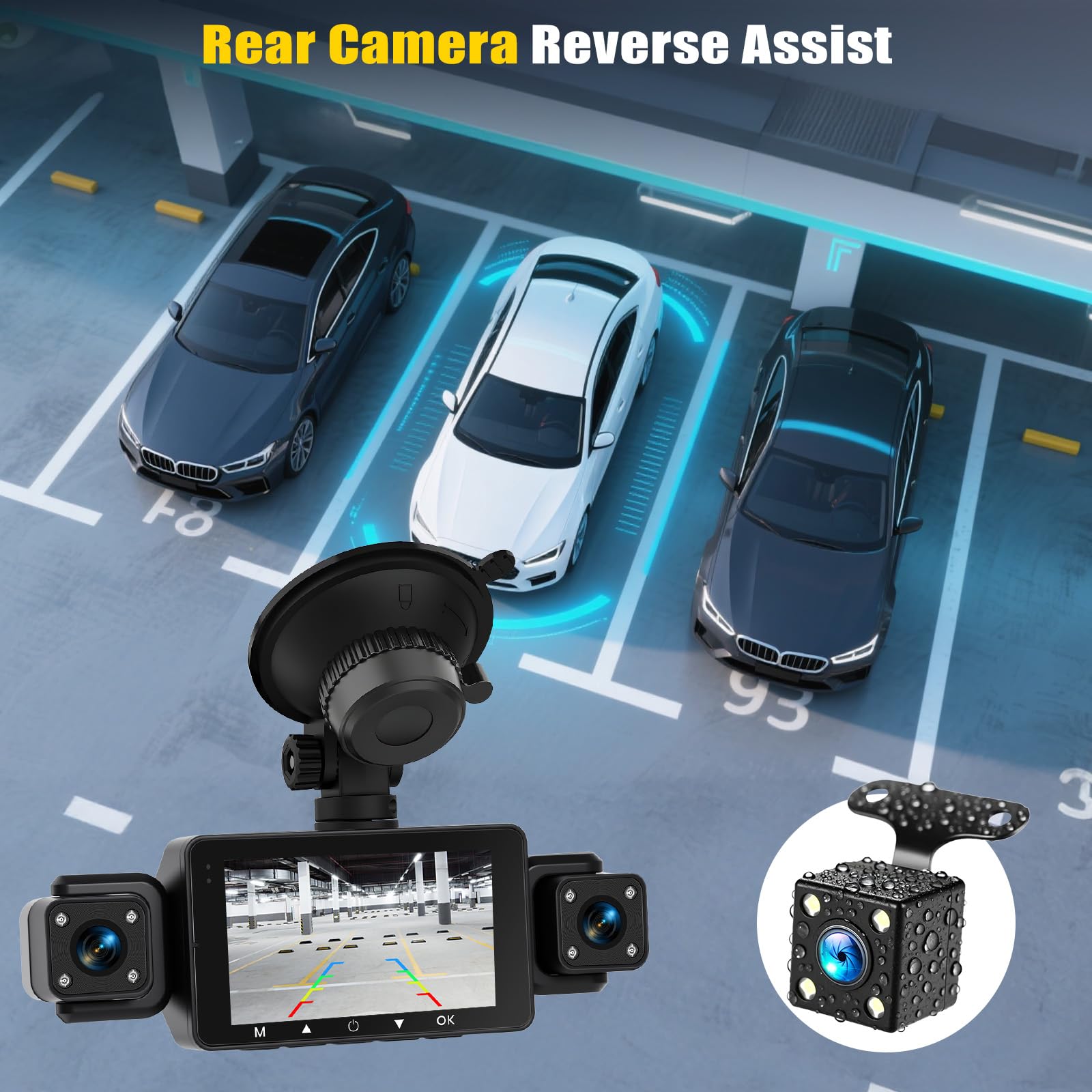 Dashcam 4 Canales Coche con App, 360° Delantera Trasera Interior Izquierda Derecha, Visión Nocturna, Grabación en Bucle, 24H Parking Monitor, Sensor G, Asistencia de Aparcamiento