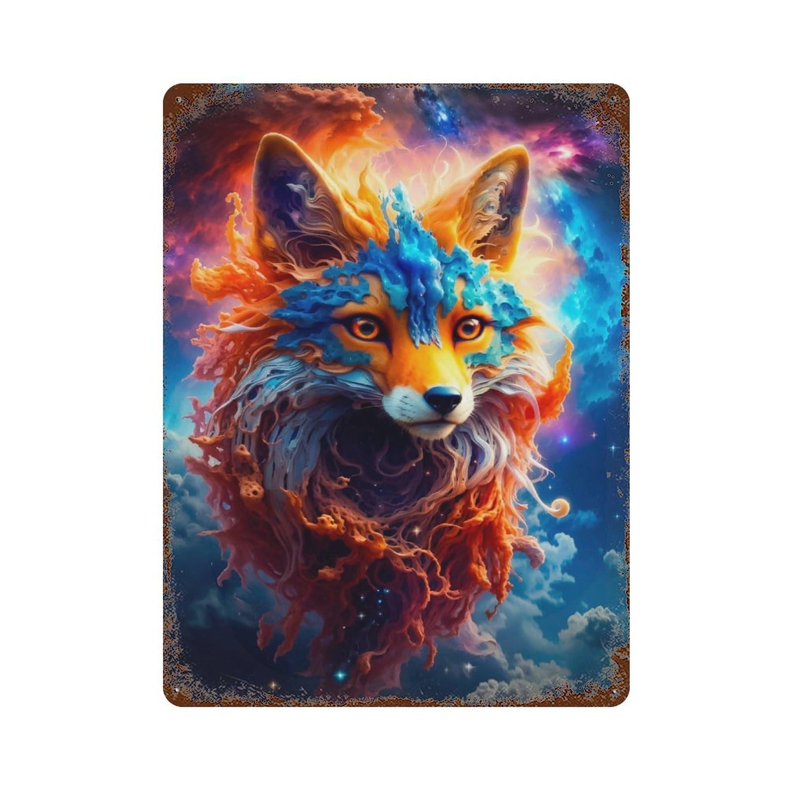 Garage Style Celestial Fox Rusty Metal Tin Sign 15.7"x11.8", Farmhouse Wall Decor for Bar And Workshop