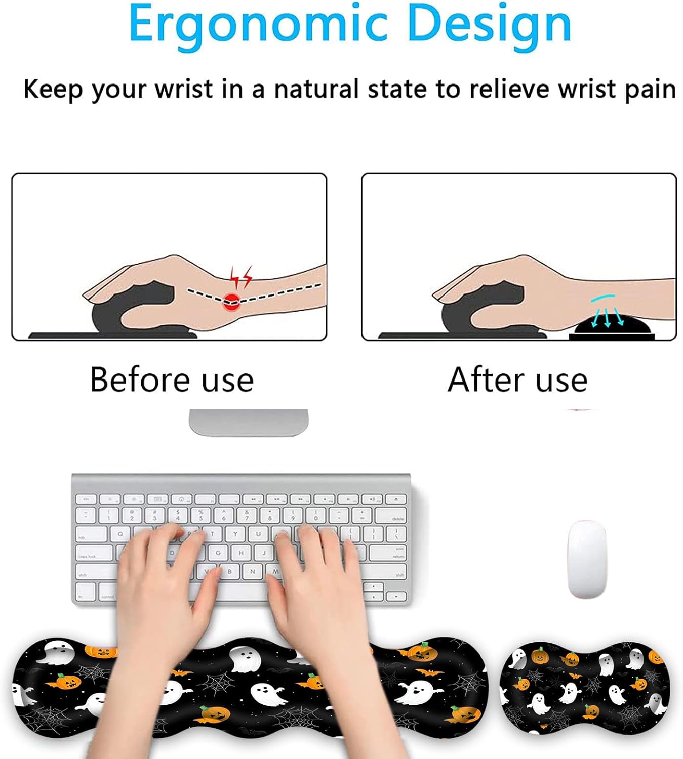 Keyboard Wrist Rest Set,Memory Foam Wrist Support Mouse Pad,31.5"x11.8" Desk Mat for Comfortable Typing & Pain Relief,Non-Slip Base for Office & Home Use - Pumpkins and Bats