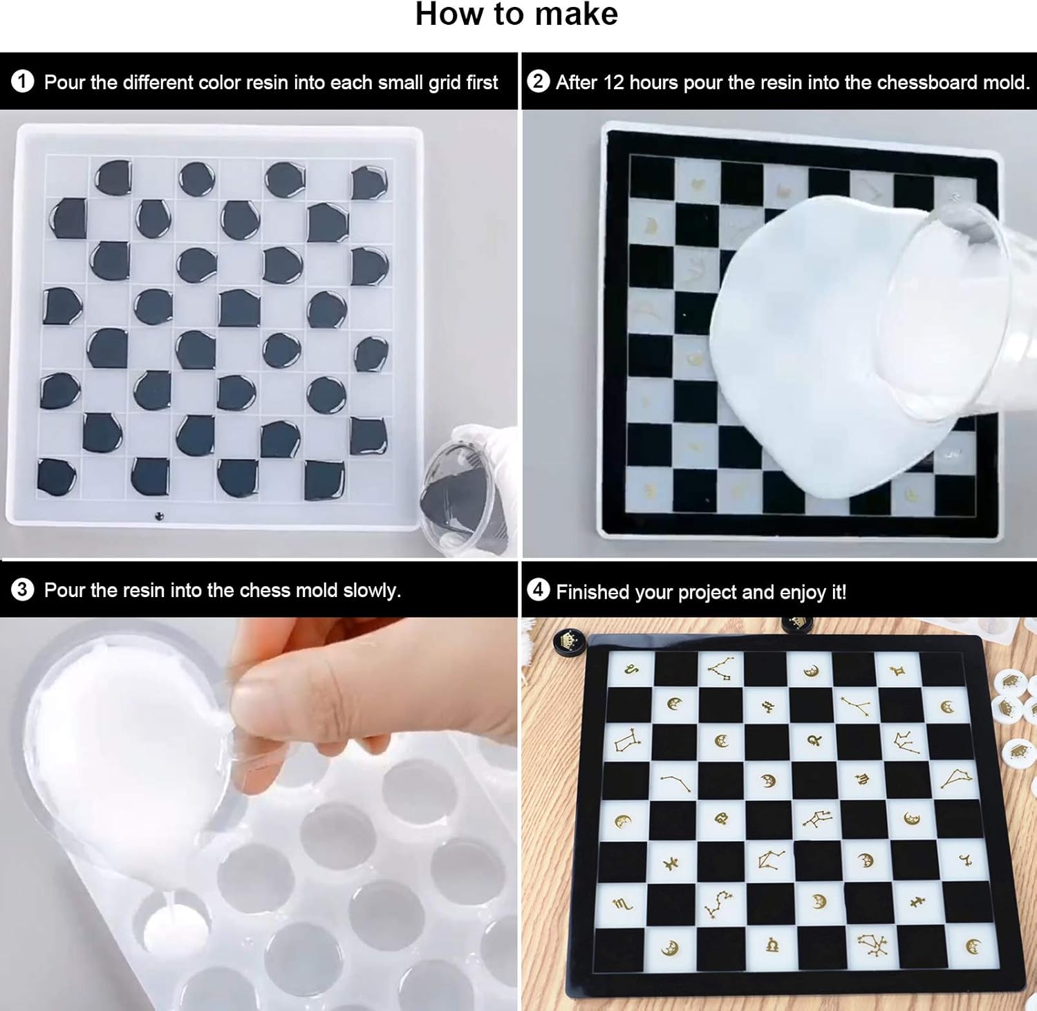 Resin Chess Set with Checkers Board Silicone Mold Set with 2 Pack Chess Piece Holder, 32 Pieces Full Size 3D Silicone Chess Molds Kit for Epoxy Resin Casting, Party Board Games and Home Decoration