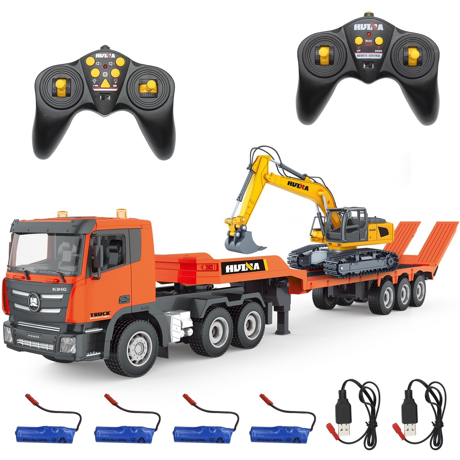 Fistone RC Semi Truck & Excavator Toy Set, 2.4Ghz Remote Control Flatbed Truck with Excavator Toys, 1:24 RC Semi-Trailer Engineering Tractor with Sound and Lights, Construction Vehicles Toy for Boys
