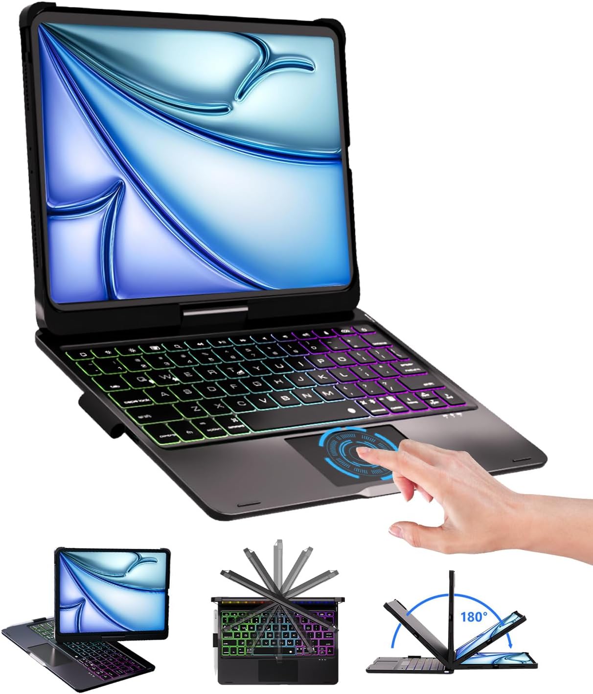BABG for iPad 10th 11th (A16) Case with Keyboard&iPad Air 11(M4,M3,M2),360°Swivel,7 Use Modes,Rainbow Backlight Keyboard for iPad Pro 11(1st/2nd/3rd/4th Gen)&iPad Air 5th/Air 4th-Black